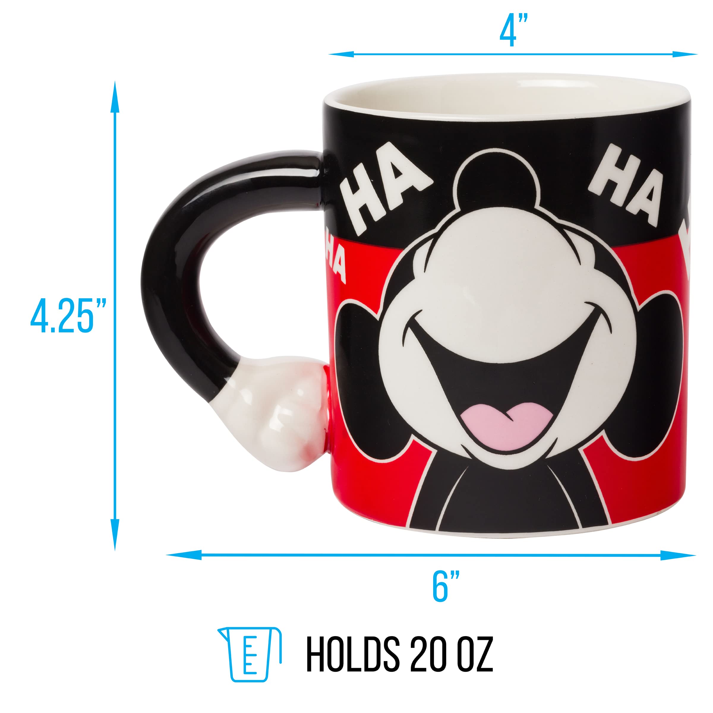 Silver Buffalo Disney Mickey Mouse Laughing Face Sculpted Handle Ceramic Mug, 20 Ounces