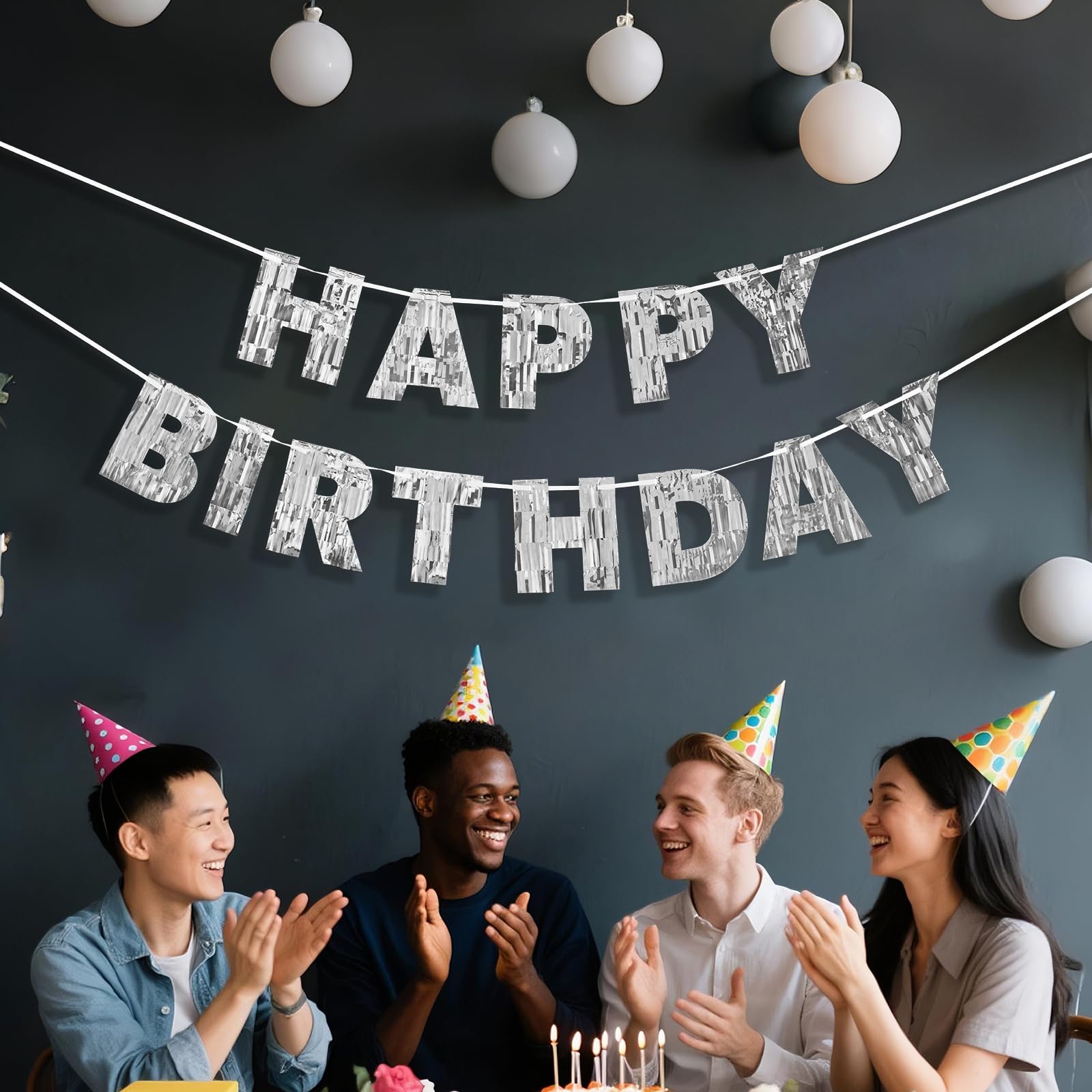 Pre-Strung Silver Happy Birthday Banner- 9ft No DIY Glitter Foil Party Garland for Men, Women, Kids - Wall, Photo Backdrop, Dess