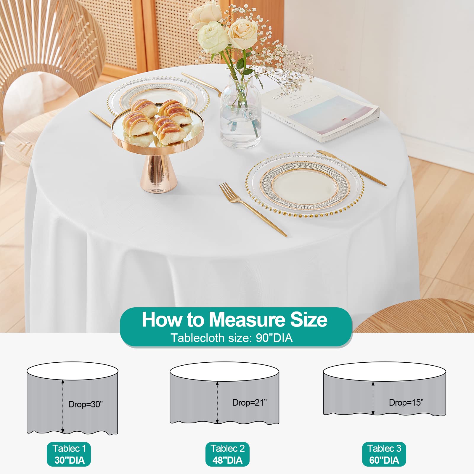 Emart Round Tablecloth White (6 Pack) Circular Polyester Table Cover 90 Inch In Diameter For Dinning, Kitchen, Picnic,Wedding An