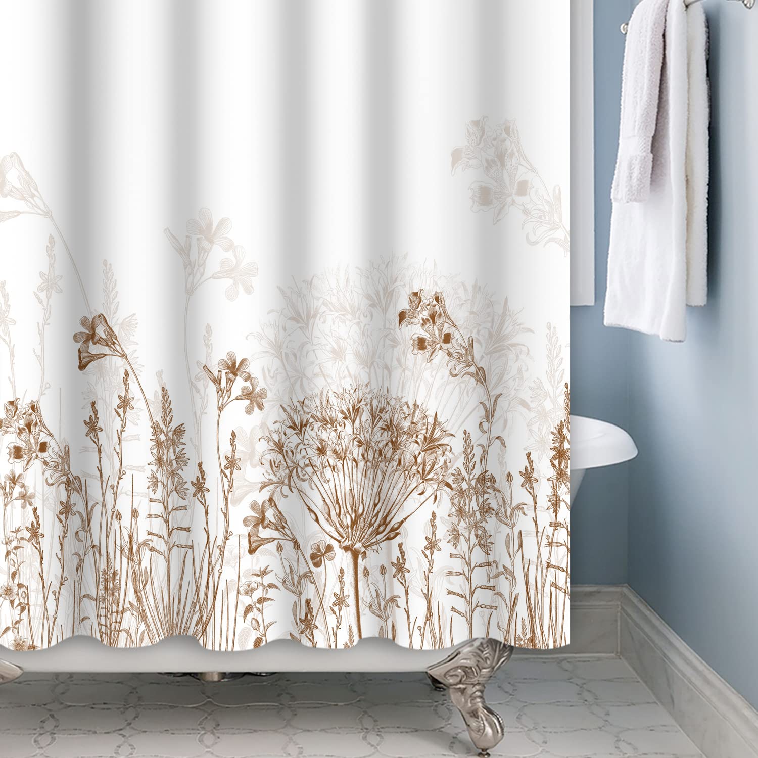 Yeele Long Botanical Shower Curtain, Brown Floral Shower Curtain For Bathroom Waterproof Fabric Bathroom Shower Curtain Set With
