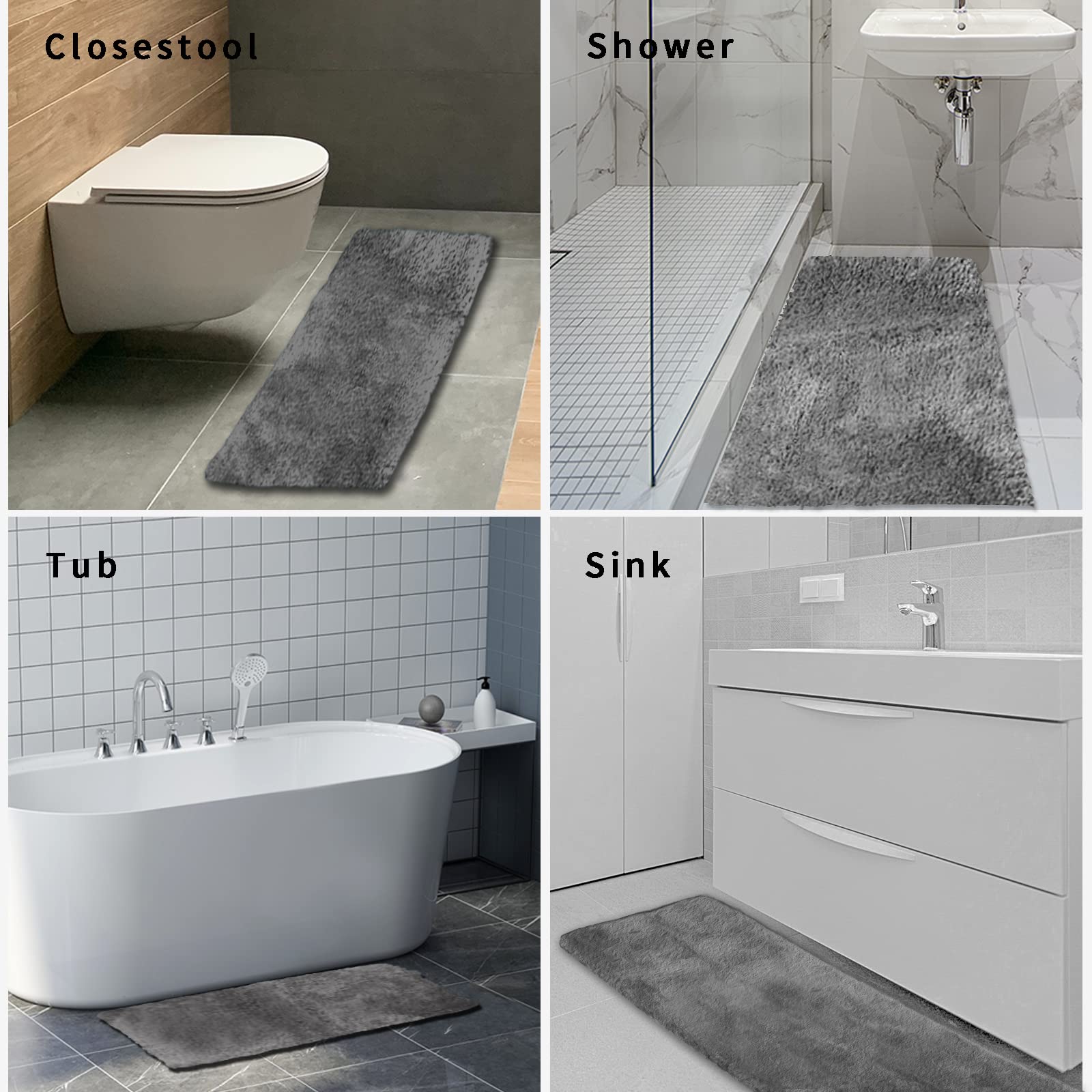 FIFU Long Bathroom Mat Non Slip  Extra Soft and Absorbent Microfiber Bath Rugs  Plush Shaggy Bath Carpet Runner  Machine Washable  Bath Mats for Bathroom  Tub and Shower  24x48 Inches Gray