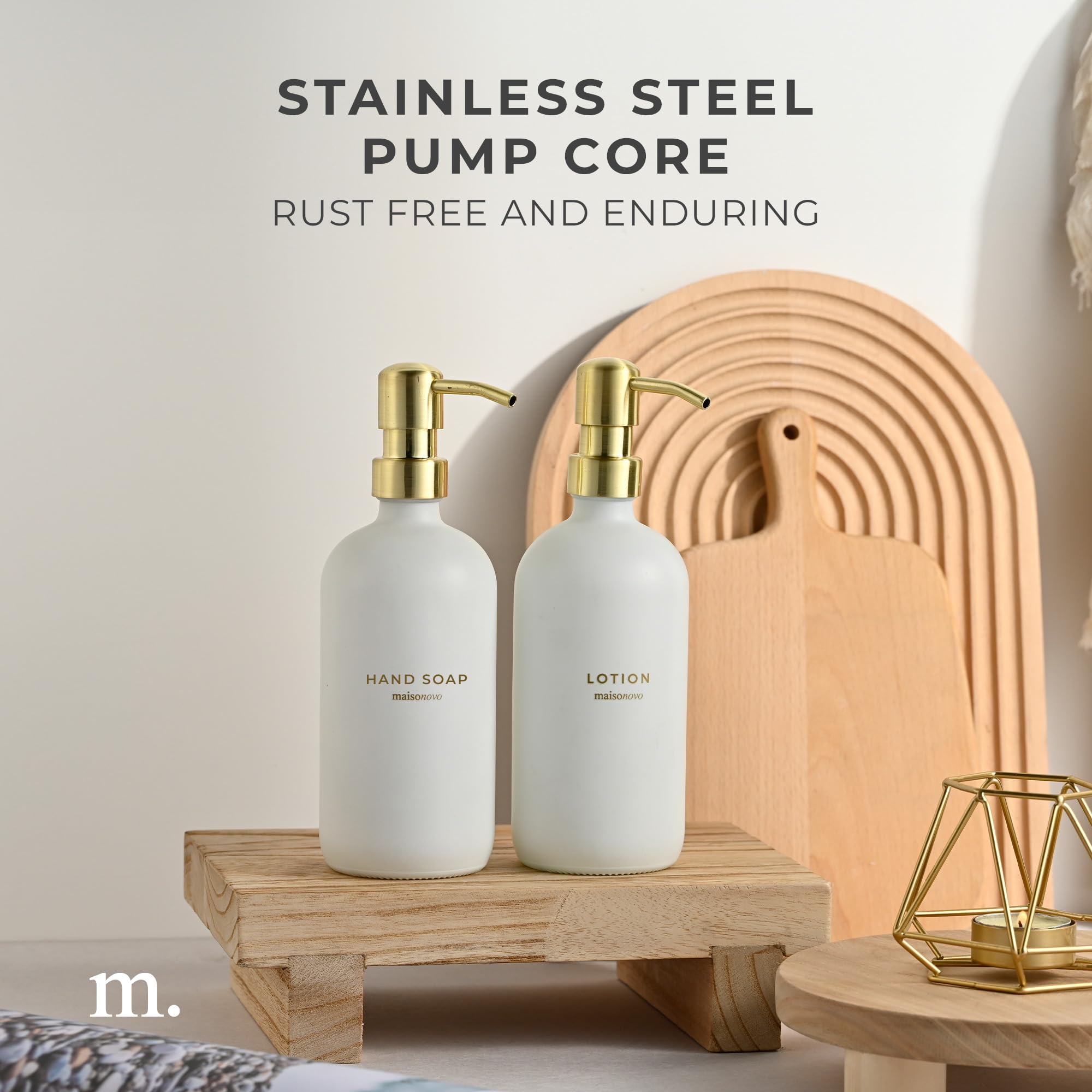 Maisonovo Bathroom Soap And Lotion Dispenser Set | 16.9 Fl Oz White Glass Gold Pumps X 2