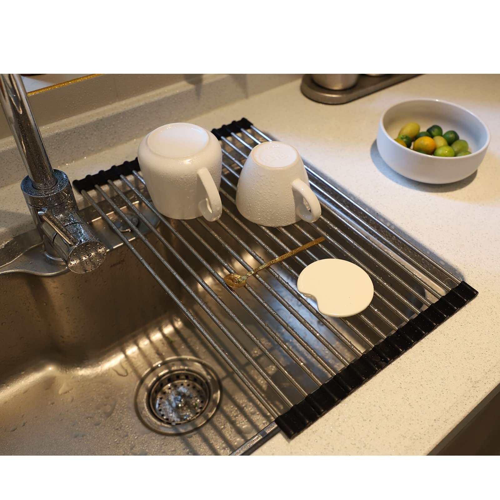 Roll Up Dish Drying Rack Over The Sink Portable Stainless Still Rolling Rack Folding Mat For Kitchen Counter (17.8''Lx11.2''W, B