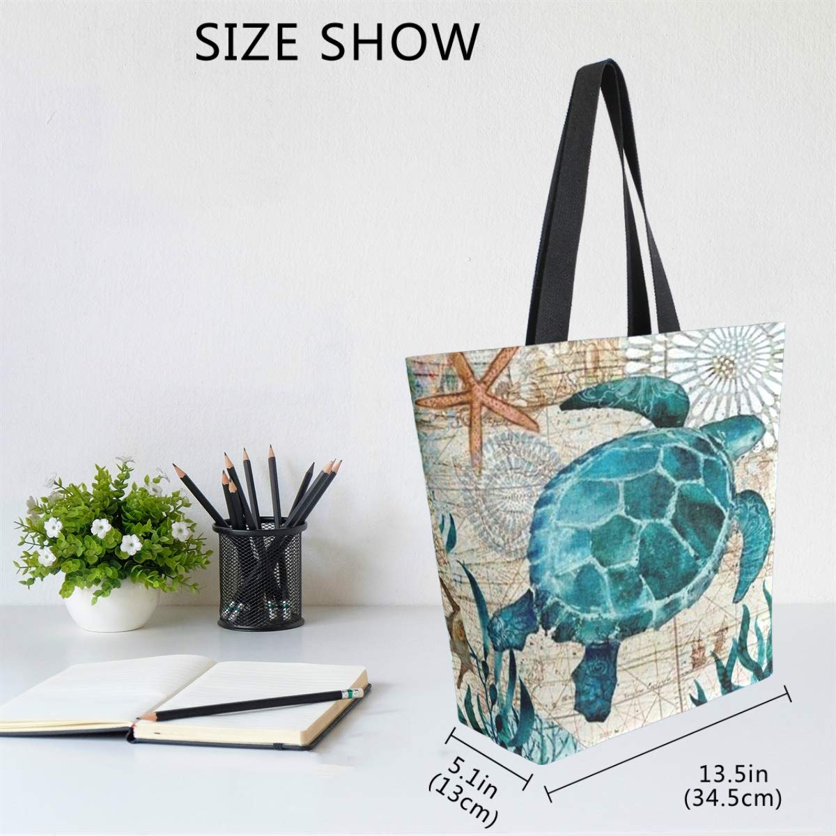 Naanle Ocean Turtle Canvas Tote Bag Large Women Casual Shoulder Bag Handbag, Sea Turtle Reusable Multipurpose Heavy Duty Shoppin