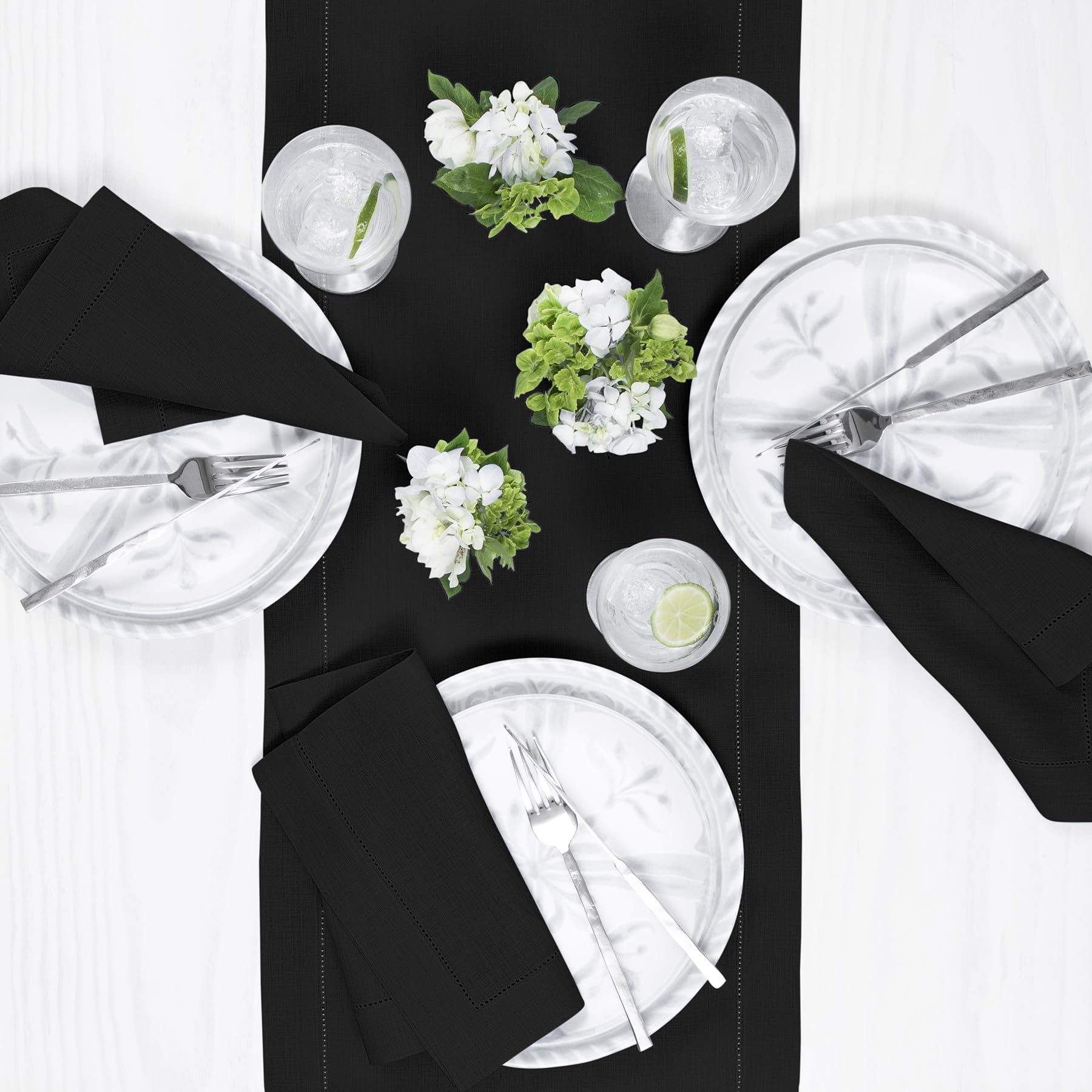 Solino Home Linen Black Table Runner 120 Inches Long - 100% Pure Linen Classic Hemstitch Dining Table Runner 14 X 120 Inch Ideal