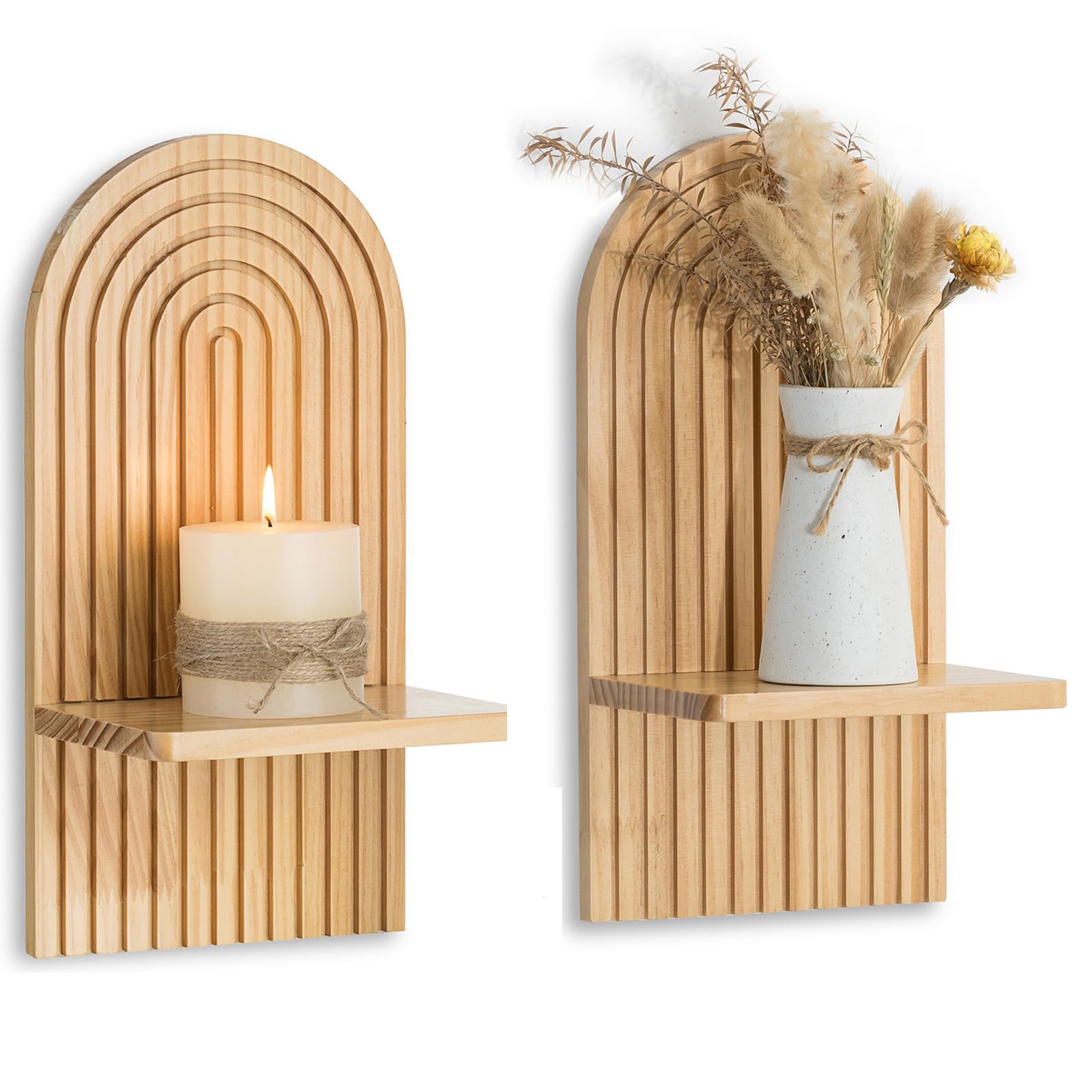 Walasis Boho Wall Decor Set of Two - Natural Modern Minimalist Mid Century MCM Wall Candle Holder for Living Room - Wood Bohemia