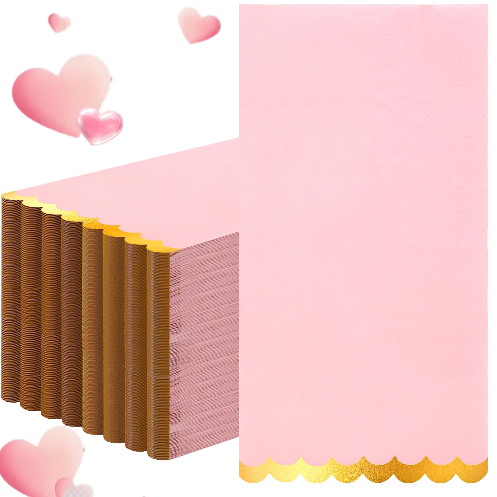100 Pcs Pink Paper Napkins Disposable, Pink And Gold Party Napkins Pink Scalloped Dinner Napkins For Birthday Wedding Bridal & B