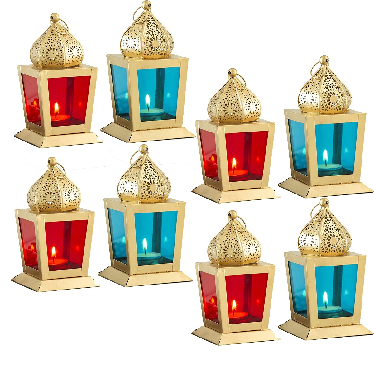 Imrab Creations Designer Square Hanging Lantern Lamp with Tealight Candle Holder (Red&SkyBlue, Set of 8, Combo)