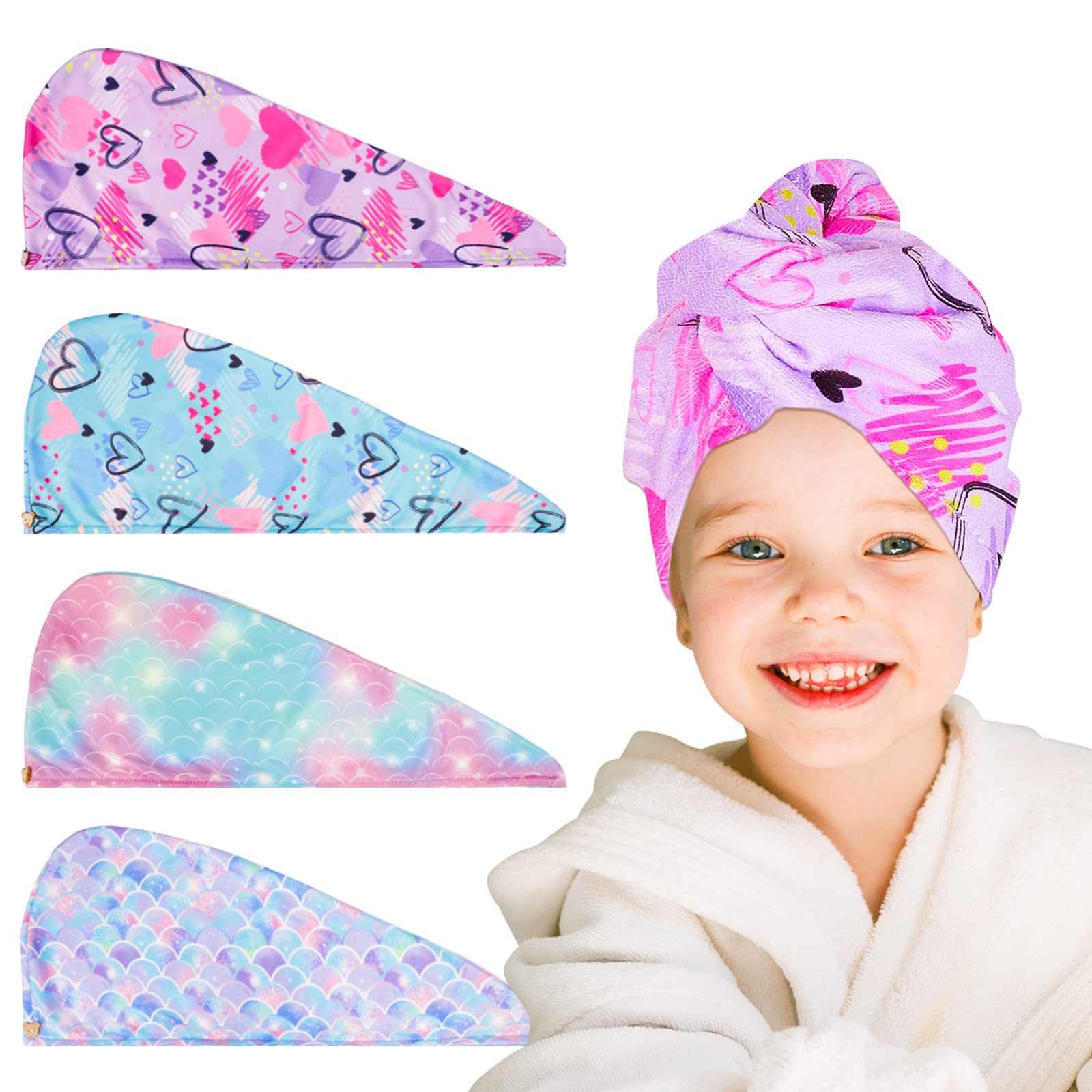 RETON 4 Pack Microfiber Hair Drying Towel, Hair Towel Wrap for Kids Girls Women, Super Absorbent Hair Turbans for Wet Hair, Fast
