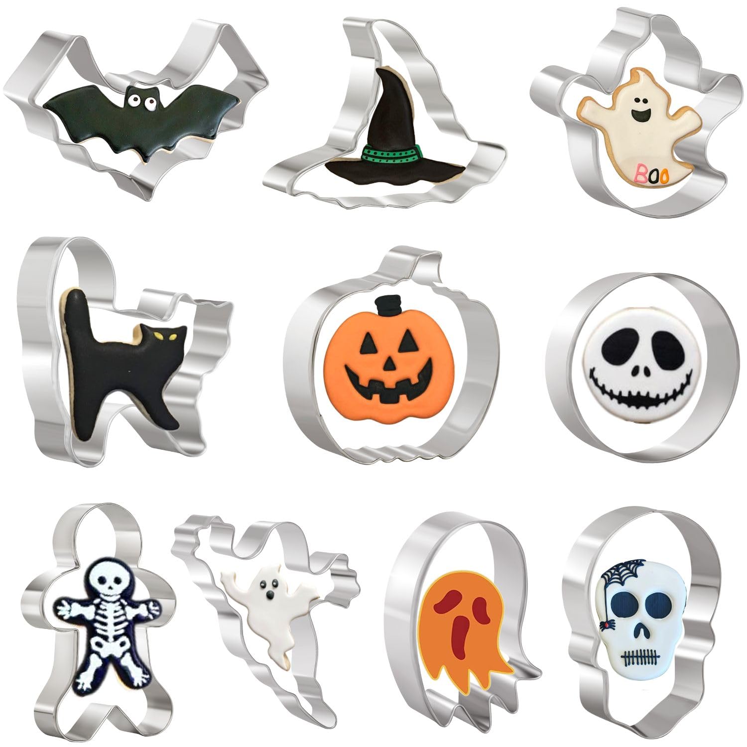 Crethinkaty 10 Pieces Halloween Cookie Cutters Set For Baking - Ghost,Bat,Cat,Gingerbread Man,Pumpkin,Skull,Round And Witch'S Ha