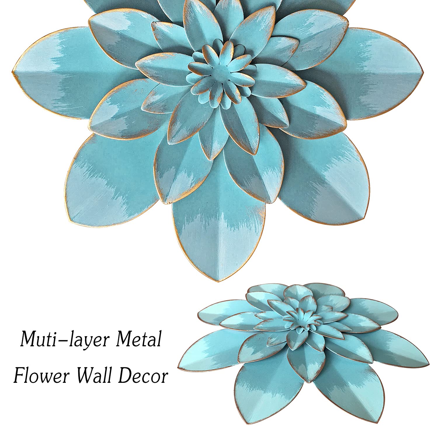Picfarce Light Sky Blue Metal Flower Wall Art Decor, 95A Rustic Modern Floral Sculpture, Distressed Hanging Home Decoration Acce