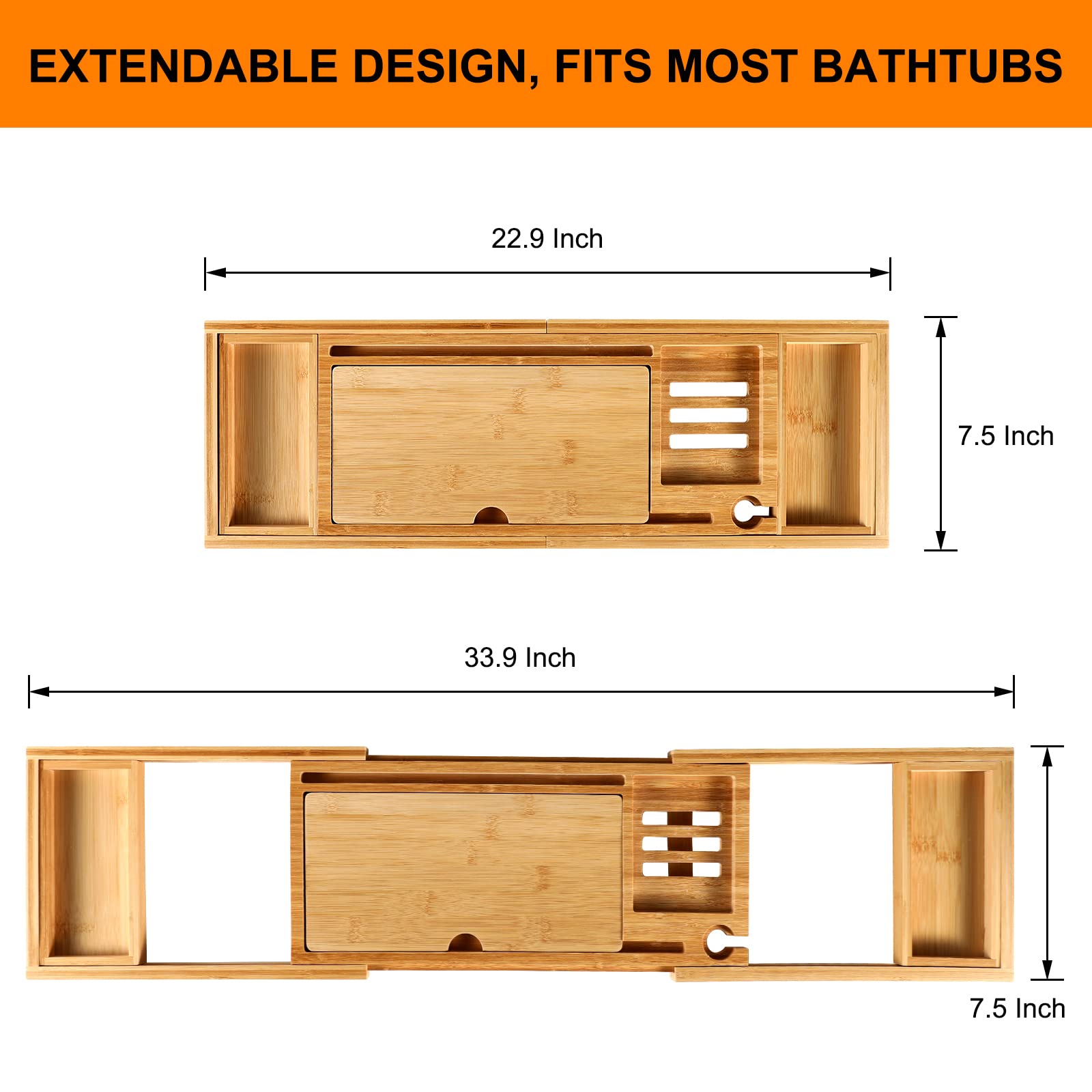Premium Bathtub Caddy Tray For Tub, Bamboo Bath Tray For Tub With Extending Sides, Adjustable Bath Tub Tray Wood For Luxury Bath