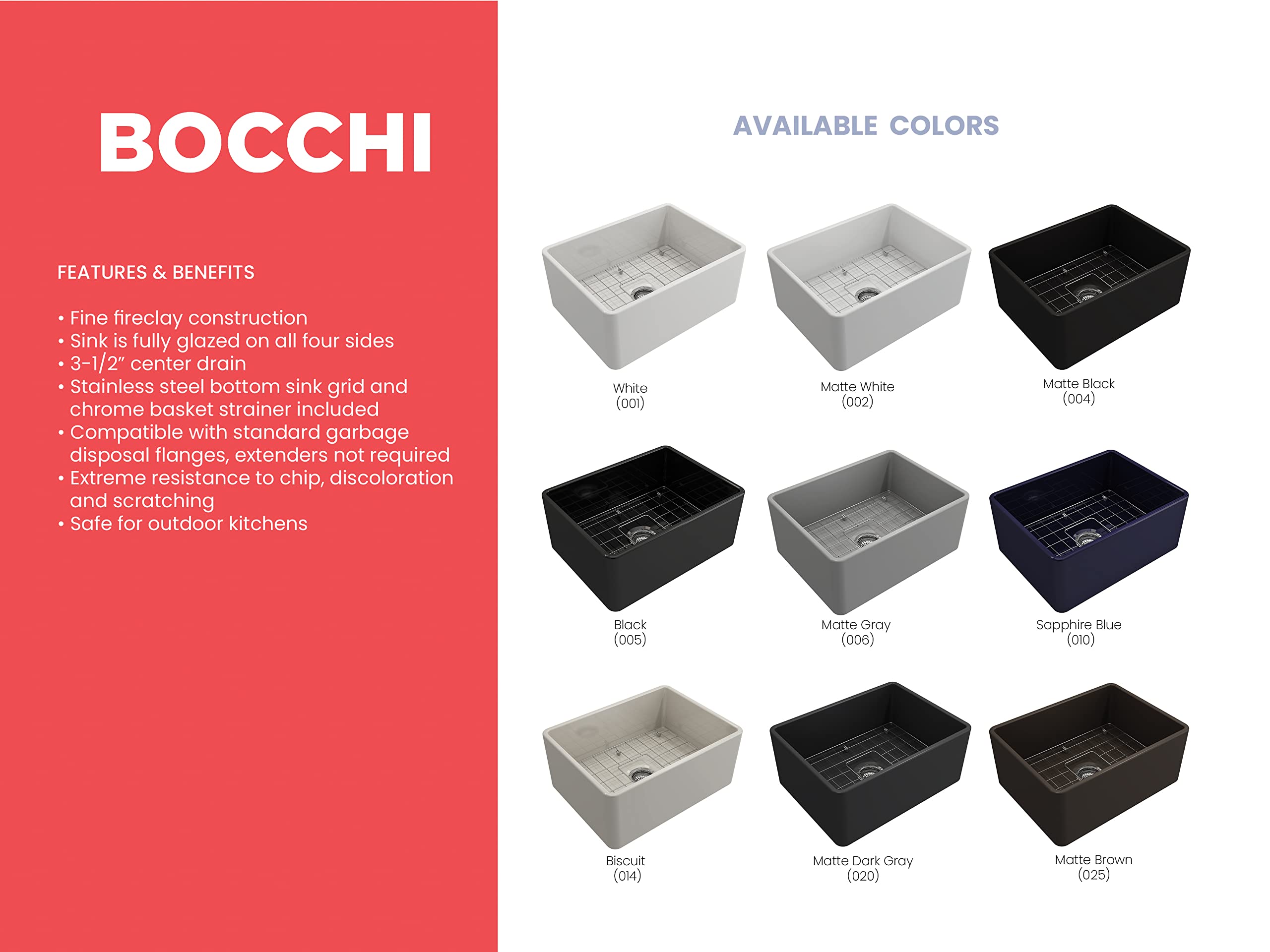 Bocchi Classico Farmhouse Apron Front Fireclay 24 In. Single Bowl Kitchen Sink With Protective Bottom Grid And Strainer In M. Br