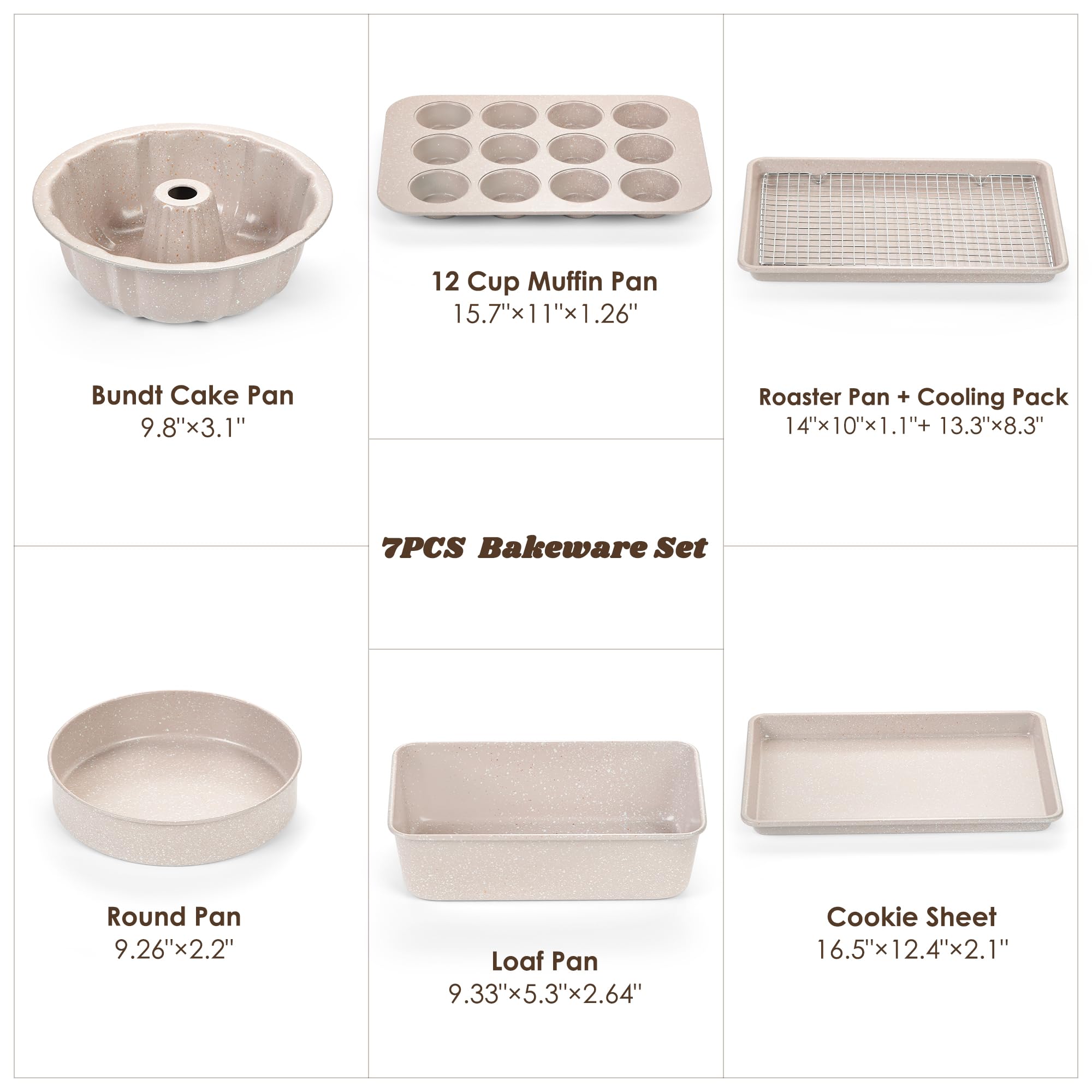 Nonstick Bakeware Set - 7 Piece Oven Bakeware With Cookie Sheet, Cake Pan, Loaf Pan, Muffin Pan, Roaster, Cooling Rack - Ptfe &