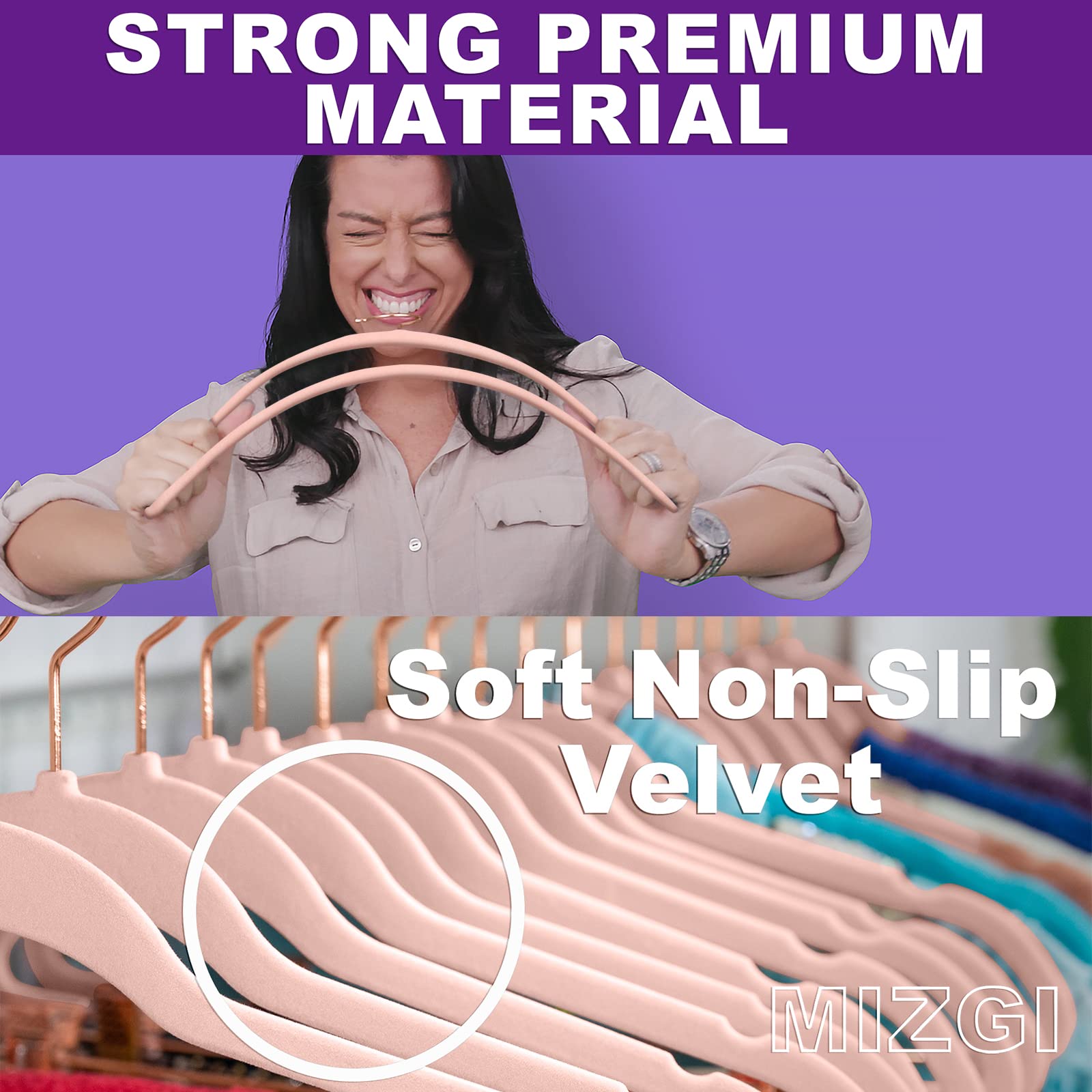 MIZGI Premium Velvet Hangers (30 Pack) Heavy Duty - Non Slip Felt Hangers - Blush Pink - Rose Gold 360 Degree Swivel Hooks Space Saving Clothes Hangers Durable Strong Hangers for Suits Coats Dress