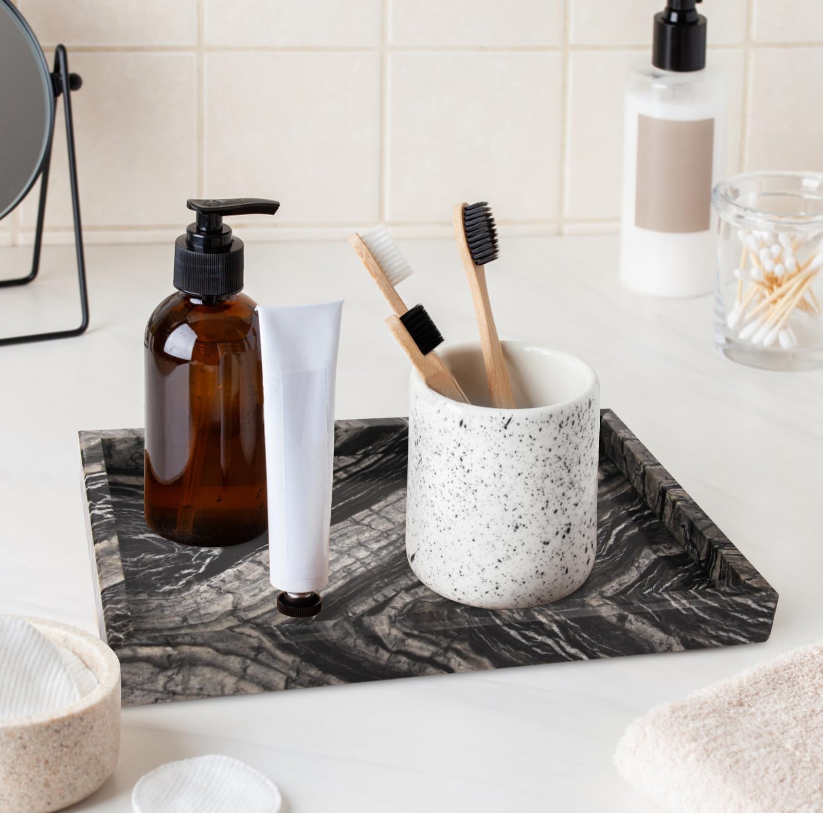 Heshibi Marble Bathroom Vanity Tray, Natural Luxury Ancient Wood Grain Vanity Home Kitchen Table Tray, Stone Decorative Countert