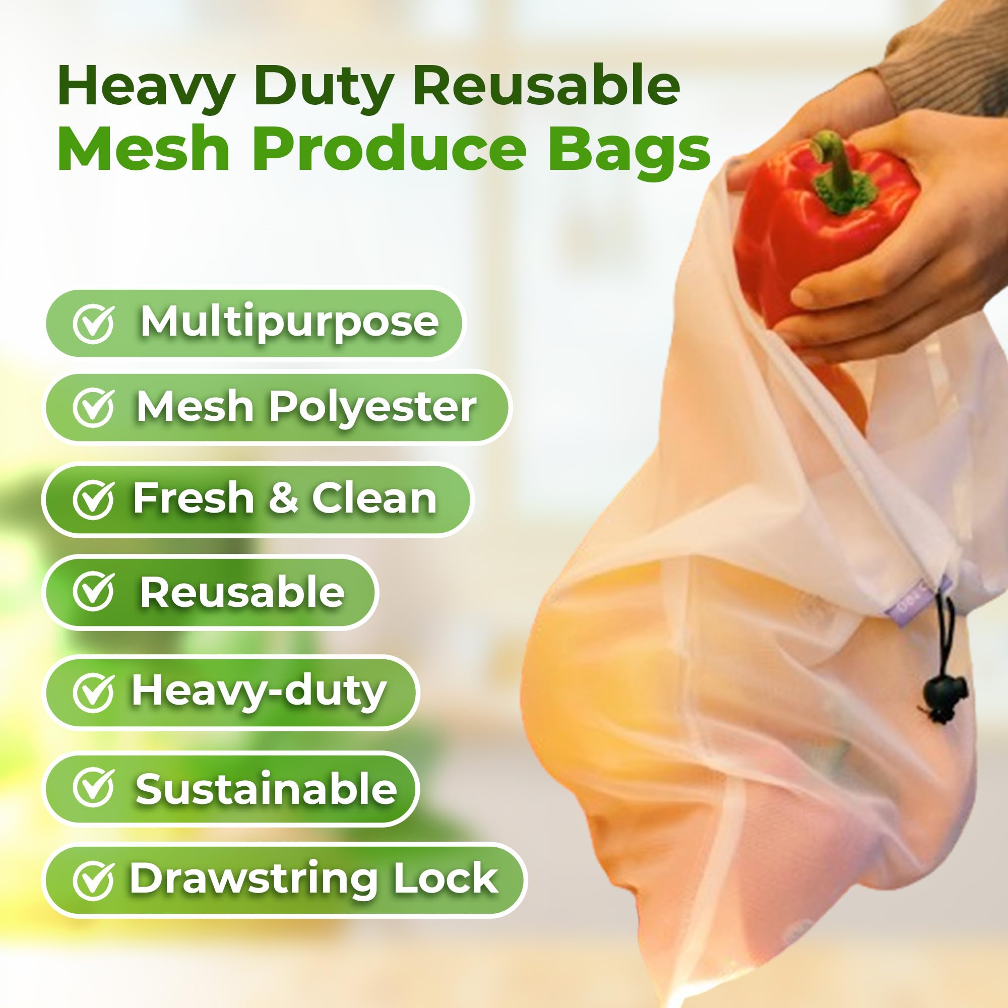 Purifyou Set Of 9 Reusable Produce Bags, Heavy Duty Washable Mesh Grocery Bag With Drawstring, Ideal For Farmers Market, Beach,