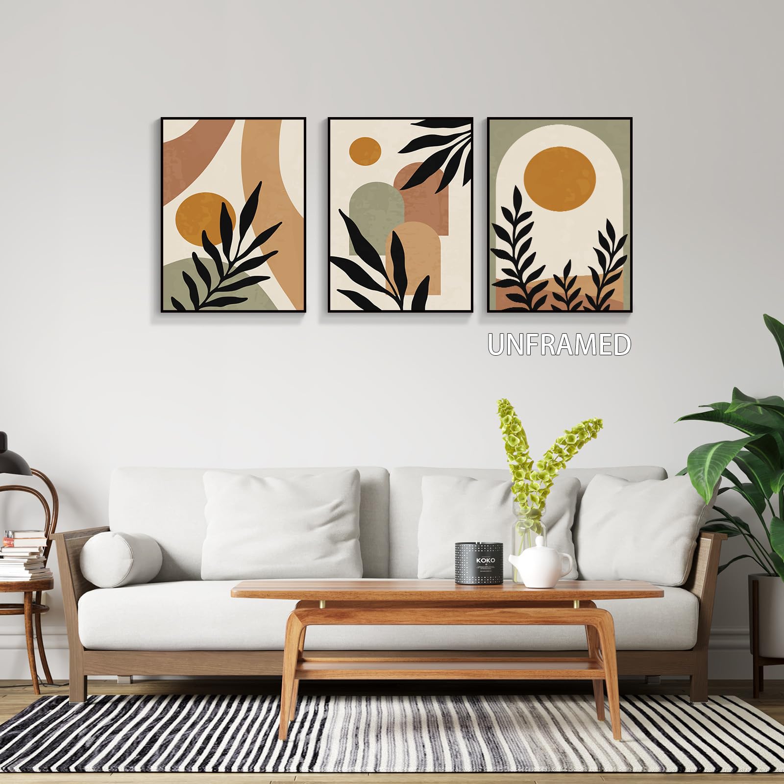 Dfaiuy Minimalist Boho Abstract Canvas Wall Art Mid-Century Modern Beige Set Of 3 Poster Neutral Geometric Line Sun Floral Print