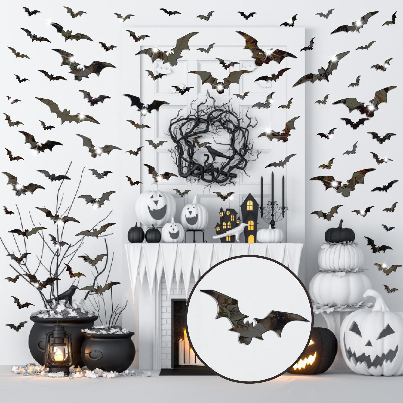 Halloween Bat Acrylic Wall Stickers Bats 3D Wall Decor Removable Halloween Decorations Acrylic Mirror Wall Decals Black Bat Wall
