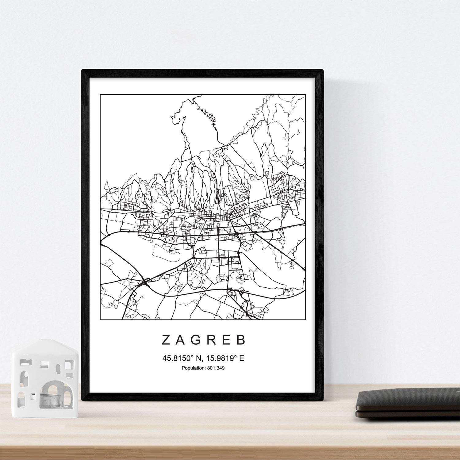 Nacnic City Map Sheet Zagreb Scandinavian Style In Black And White. Poster Size 8'X11' Printed Paper Unframed 250 Gr. Paintings,