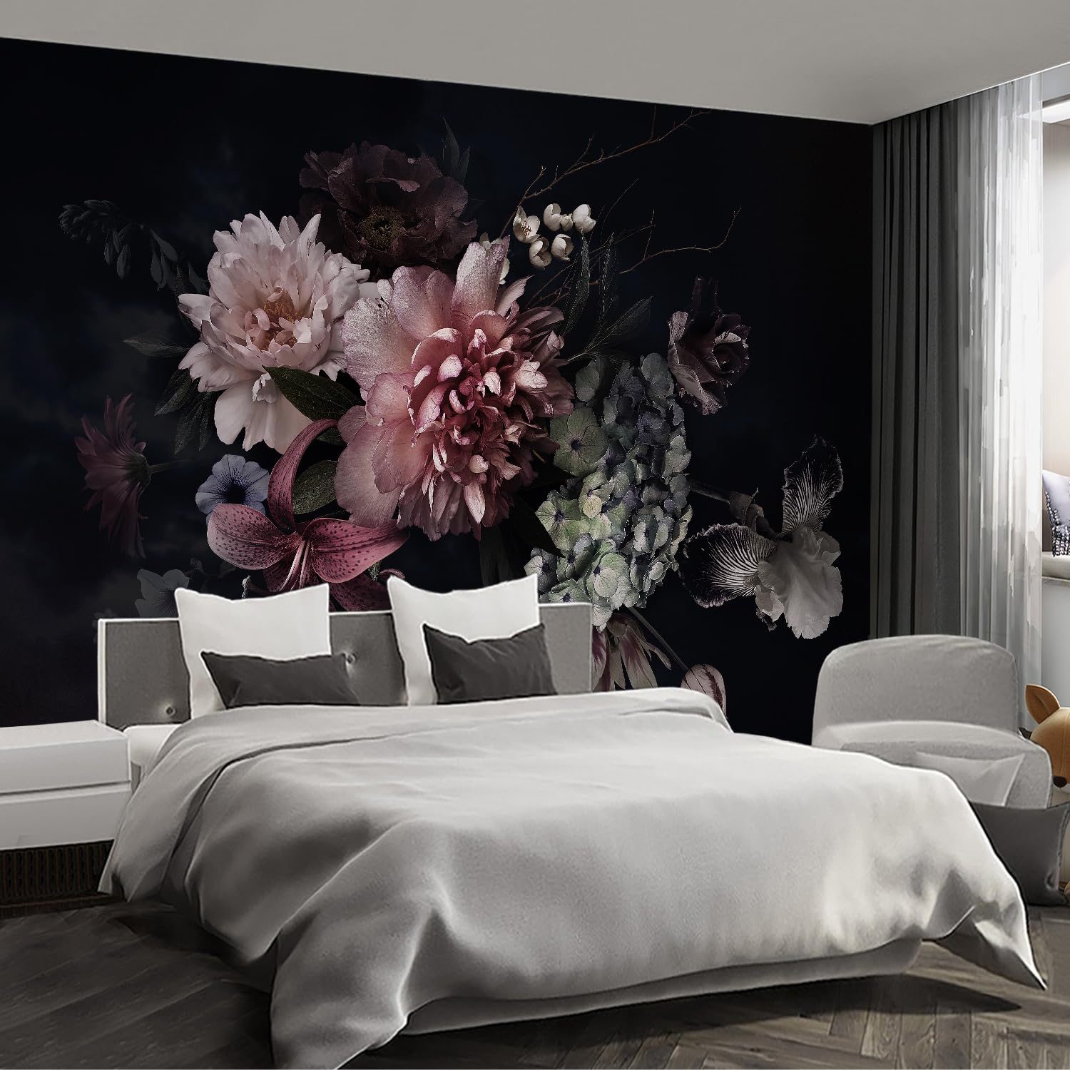 Fightal - Black Peony Floral wall murals Peel and Stick self Adhesive Flowers Wallpaper for Bedroom Living Room - 58x80