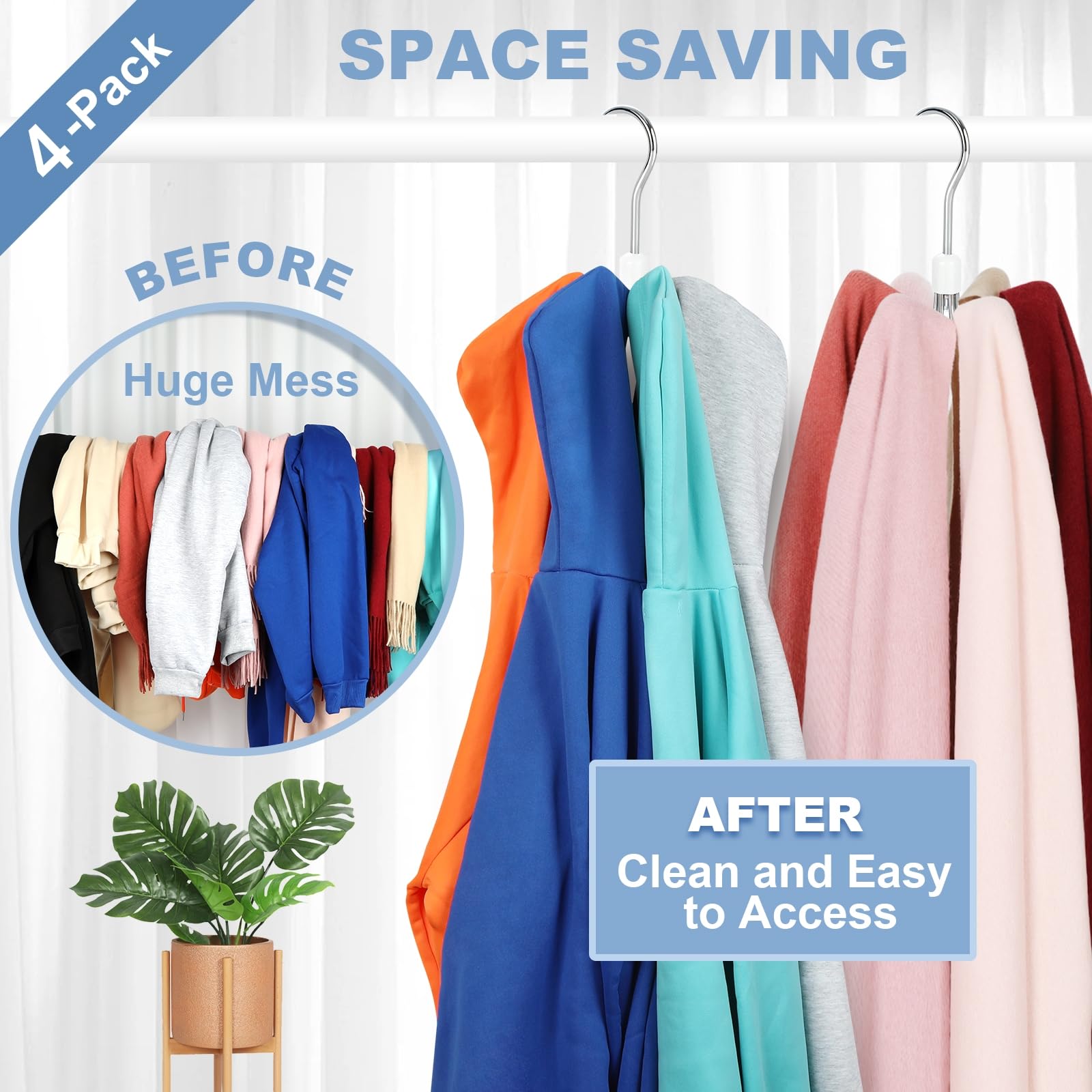 Topia Hanger Hoodie Hangers 4-Pack With 6 Cedar Balls, 360Swivel Purse Hanger, Scarf Hanger, Closet Hooks, Handbag Organizer, Br
