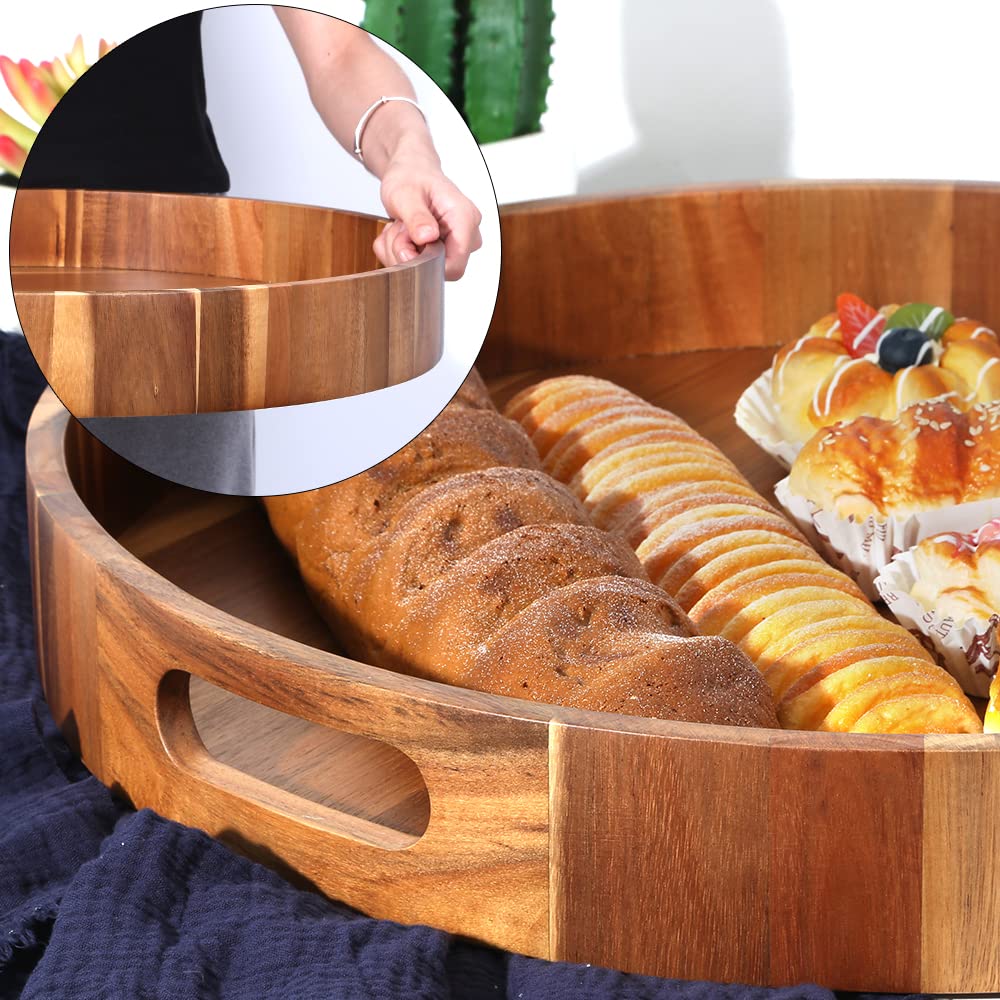 Extra Large Round Serving Tray, 20Inch, Heavy Duty Acacia Wood Trays For Big Ottoman Coffee Table Counter Giant Decorative Organ