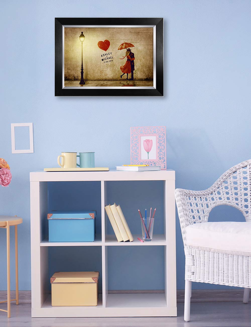 Ipic - Our First Kiss Personalized Framed Artwork For Romantic Anniversary And Wedding Gifts; Picture Size: 18X12, Framed Size: