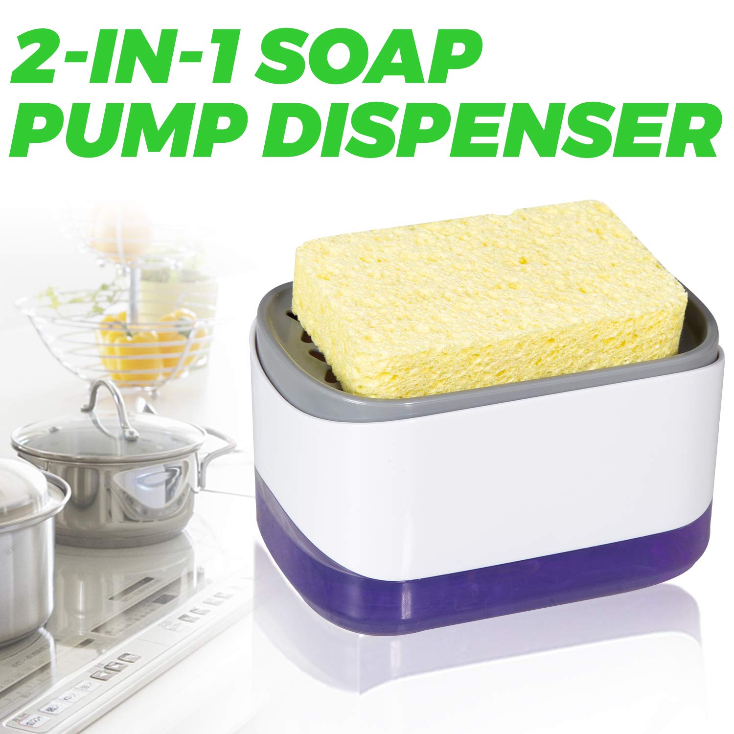 Dish Soap Dispenser For Kitchen, Soap Dispenser And Sponge Holder, Countertop Soap Pump Dispenser, 2-In-1 Soap Dispenser-One Han