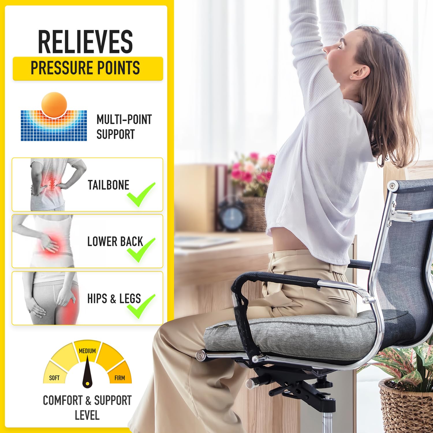 Sunrox Lokgrip Non Slip Gel Memory Foam Chair Cushions For Tailbone Pain Relief, Tufted Stain Resistant Thicken Durable Seat Pad