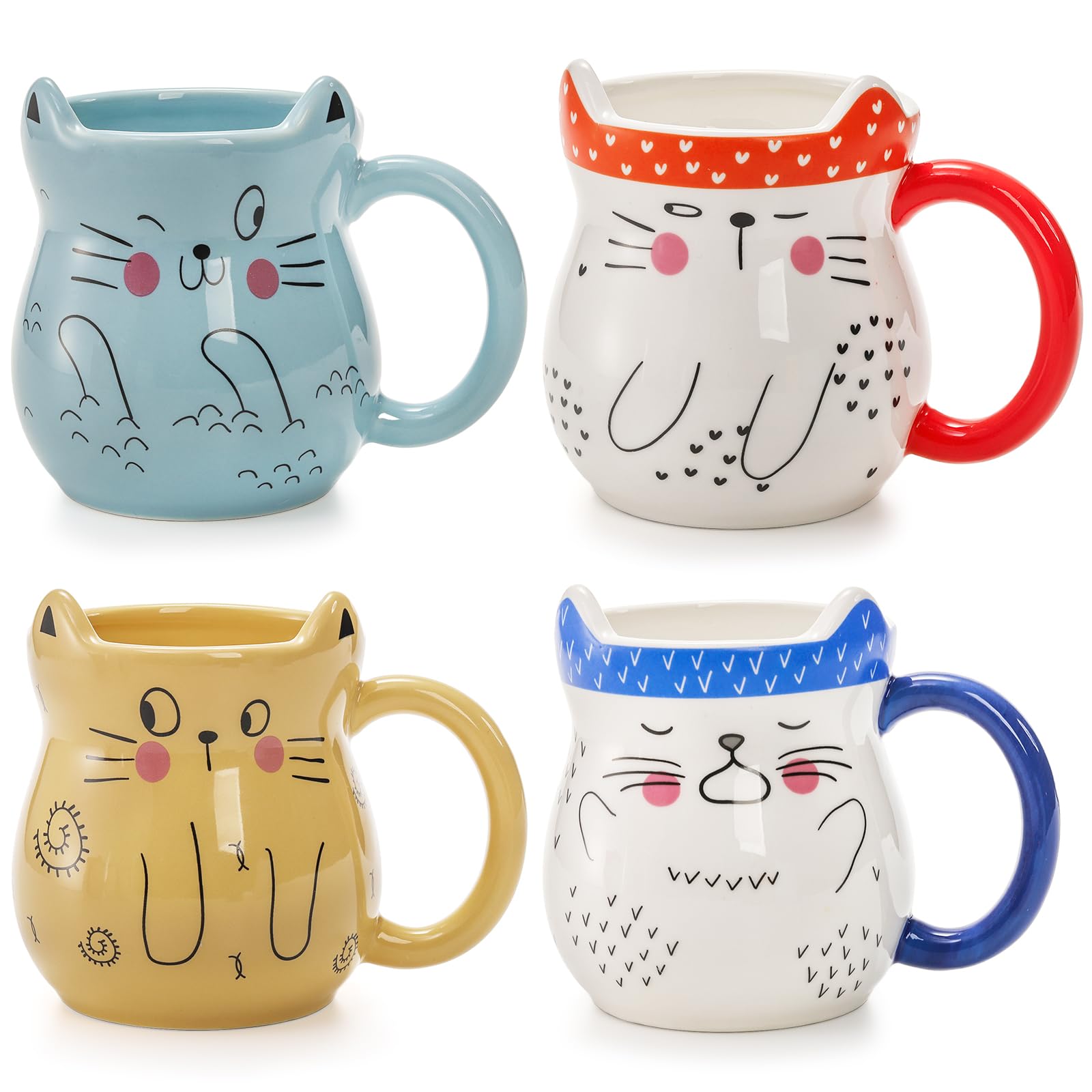 Yarlung Set Of 4 Cat Mug With Handle, 12 Oz Cute Ceramic Coffee Mugs Set Novelty Cartoon Cat Gift For Mother'S Day, Cat Lovers,