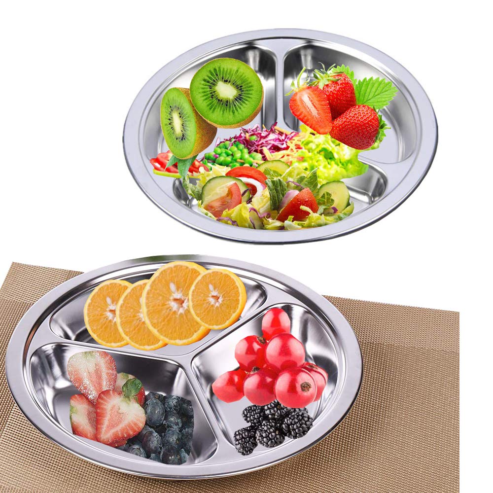 Aiyoo 304 Stainless Steel Dinner Plate Three Sections Round Divided Portion Control Plates Set Of 2 Mess Food Trays Camping Serv