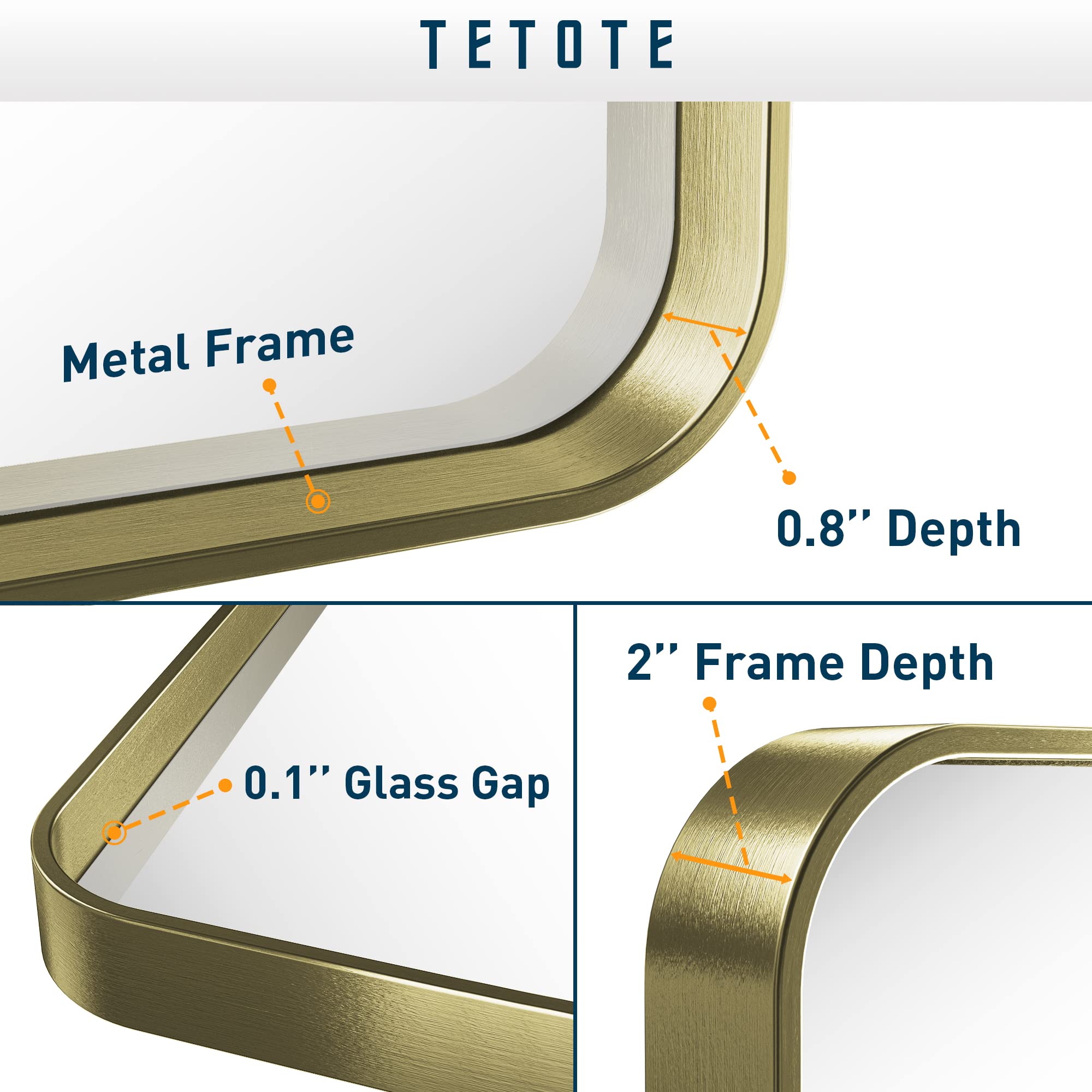 Tetote 40 X 30 Inch Gold Bathroom Mirror, Brushed Brass Metal Frame Mirror For Vanity, Rectangle Wall Mounted Golden Modern Mirr