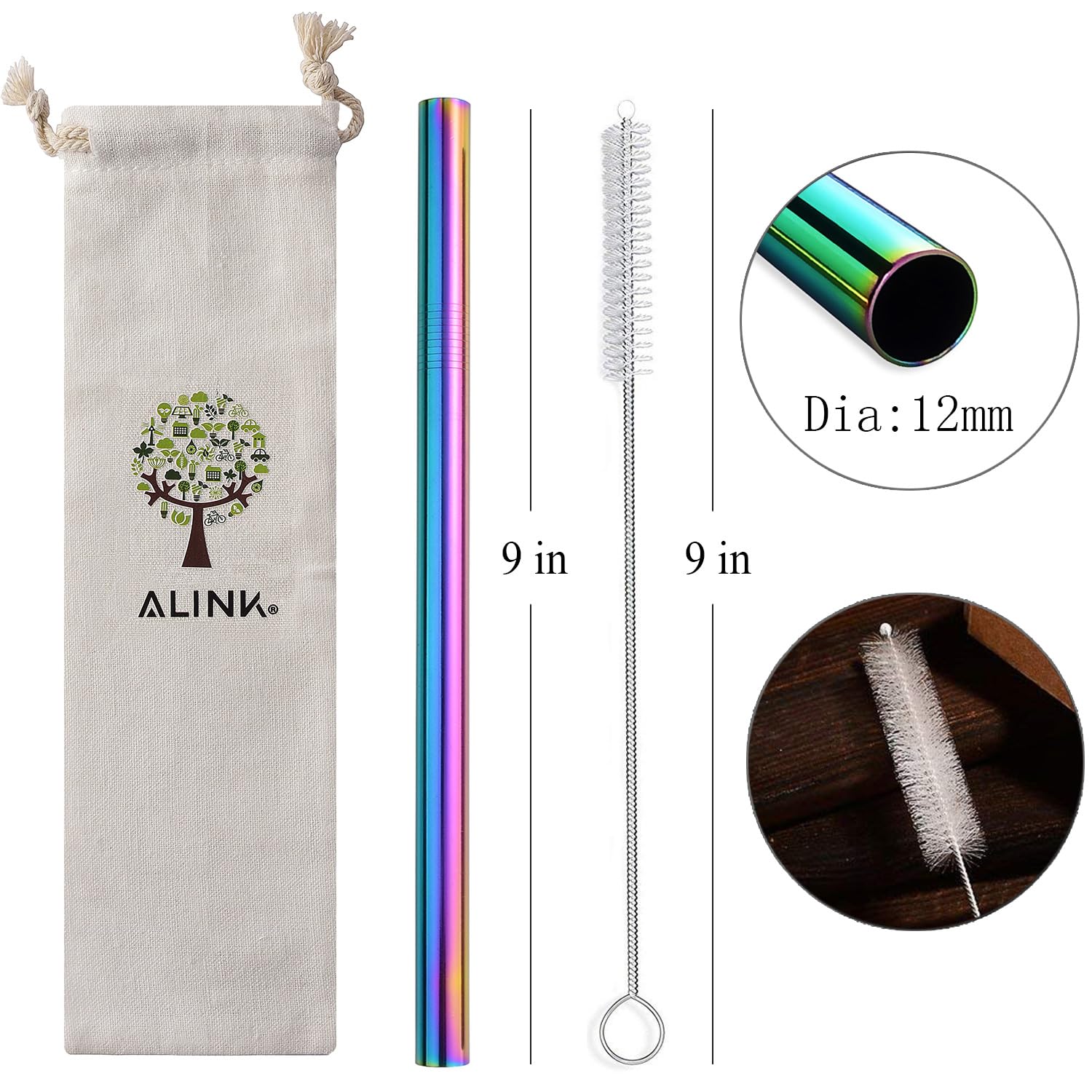 Alink 6-Pack Stainless Steel Metal Boba Straws, Extra Wide Colored Reusable Smoothie Straws With Cleaning Brush & Carrying Case