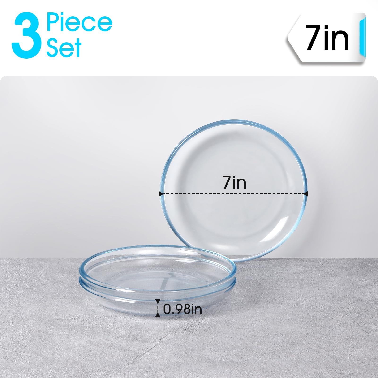 Nutriups 3 Pack 7 Inch Glass Plates, Clear Tempered Glass Dessert Plates, Glass Plate Set For Appetizer, Fruits, Cake, Salad, Di