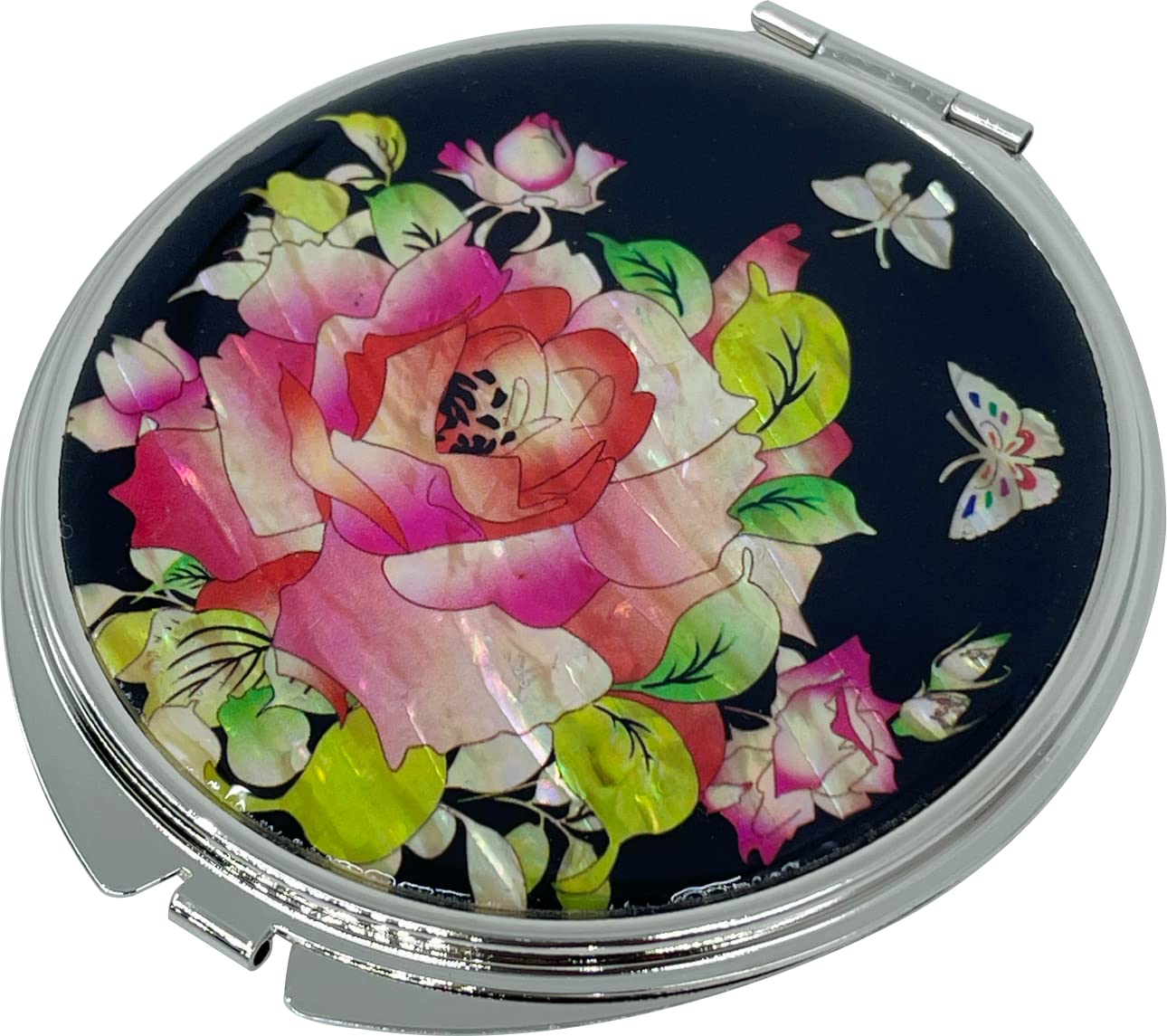 Nacreh Portable Makeup Compact Double Magnifying Mirror Cosmestic Foldable Pocket Style Unique Mother Of Pearl Design (Rose)