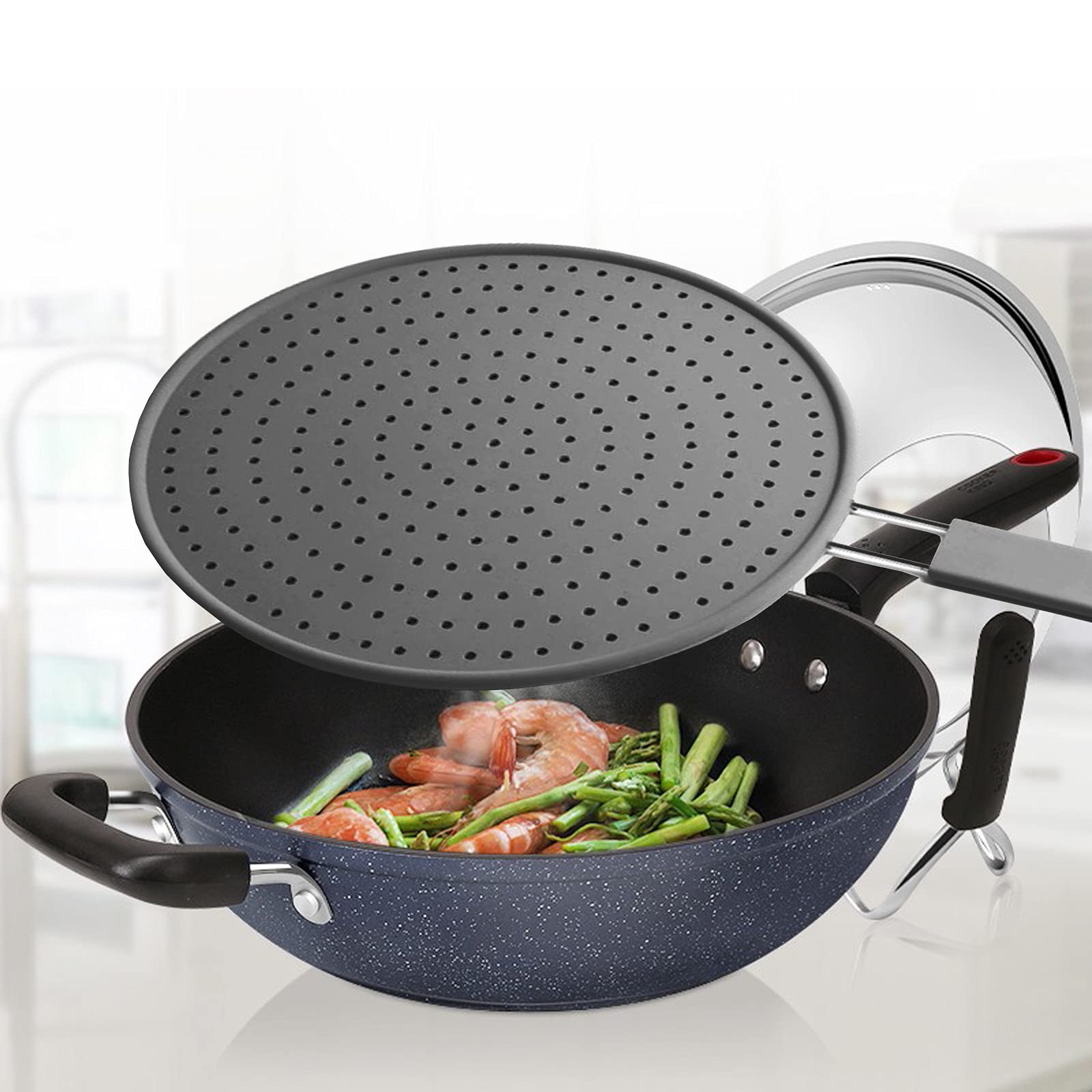 Baiouda Silicone Splatter Screen Pan Cover 11 In , High Heat Resistant Oil Splash Guard, Heat Insulation Cooling Mat, Strainer,