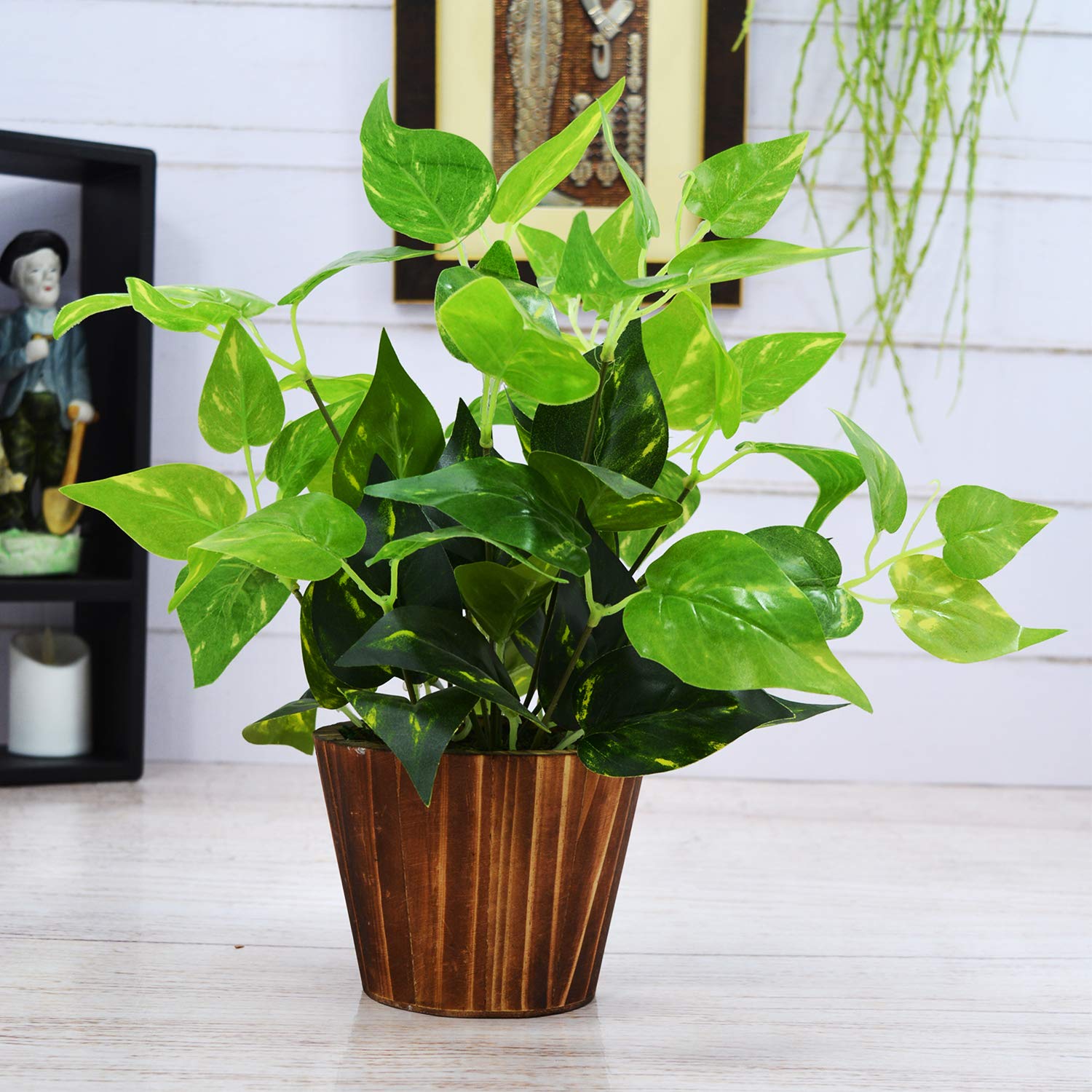 fancymart Artificial Money Plant Leaves in Wood Pot Pefect Decoration for Home & Office Space