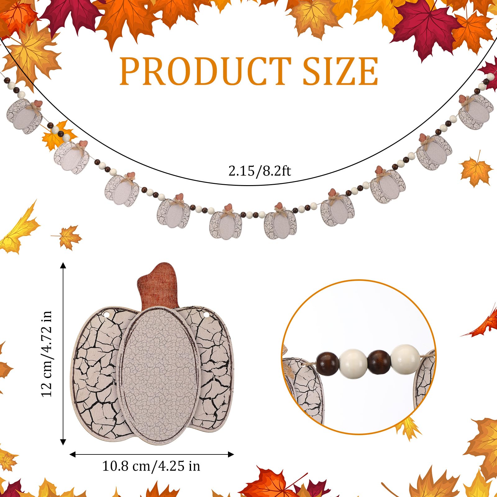 Cinnvoice 8.2 ft Fall Decorations Wooden White Pumpkin Garland Rustic Farmhouse Wood Bead Garland Cracked Pumpkin Thanksgiving B