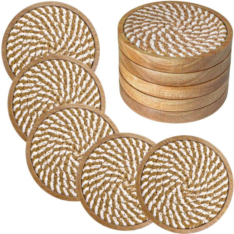 Eykao 5 Pack Coasters For Drinks Absorbent, 4.3 Inches Woven Coasters For Coffee Tables, Wooden Drink Coasters For Table Protect