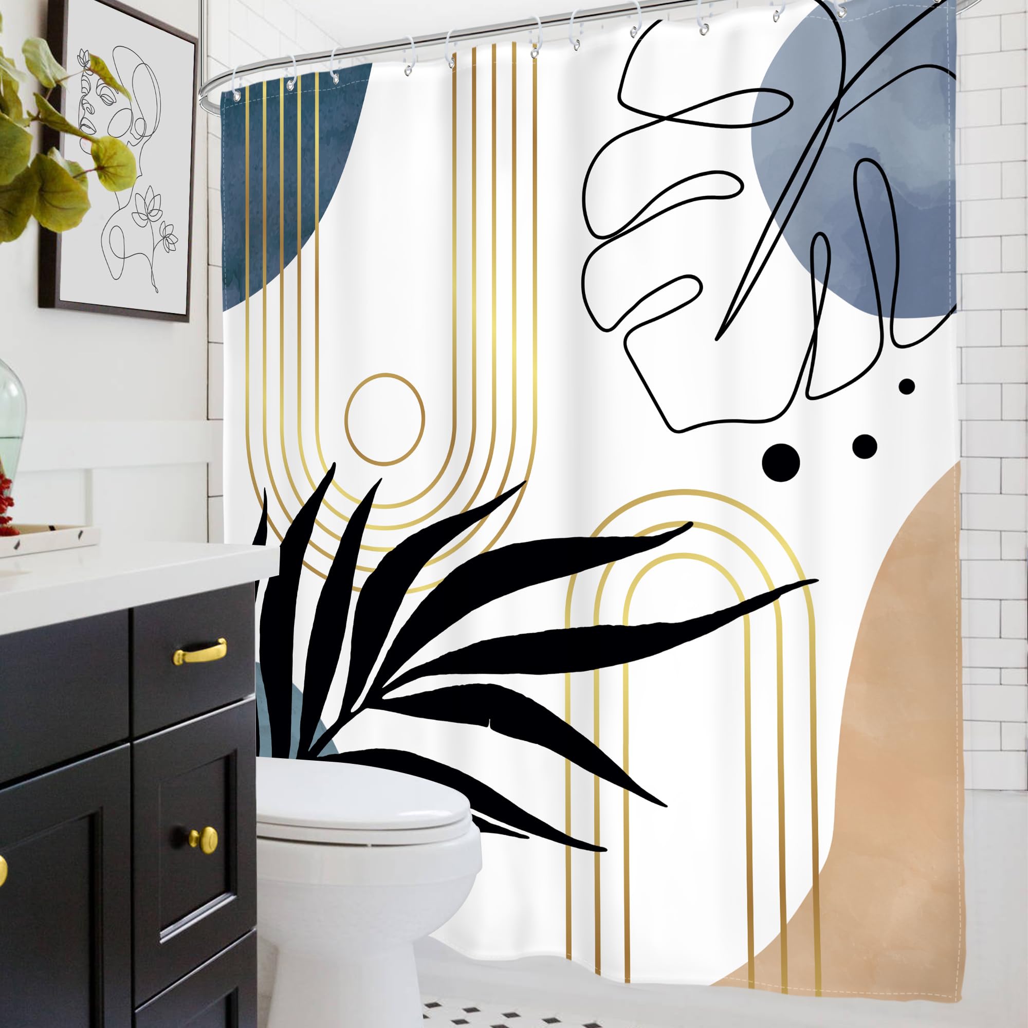 Glawry Abstract Tropical Shower Curtain Chic Boho Plant Palm Leaf Watercolor Blue Simple Minimalist Bathroom Modern Botanical 60