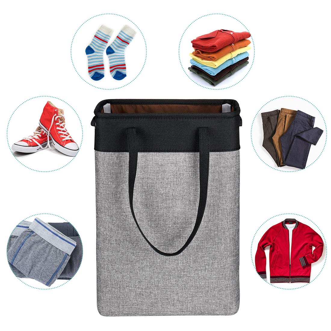 i BKGOO Laundry Basket with Handles Black&Grey-Slim Laundry Bin Collapsible Dirty Clothes Basket Narrow Laundry Bag Foldable Dirty Hamper for Camping  Dorms  Apartments