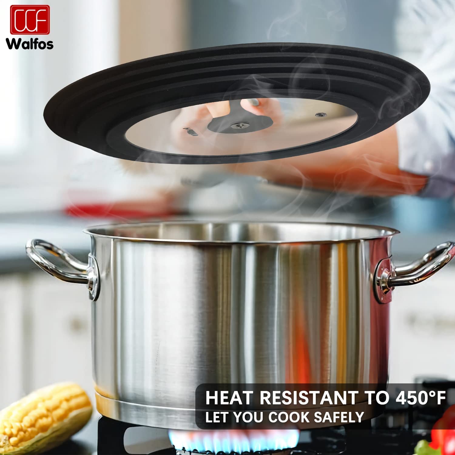 Walfos Universal Pan Lid - Pot Lid For Pots, Pans And Skillets, With Unique Enlarged Heat Resistant Silicone Rim And Tempered Gl