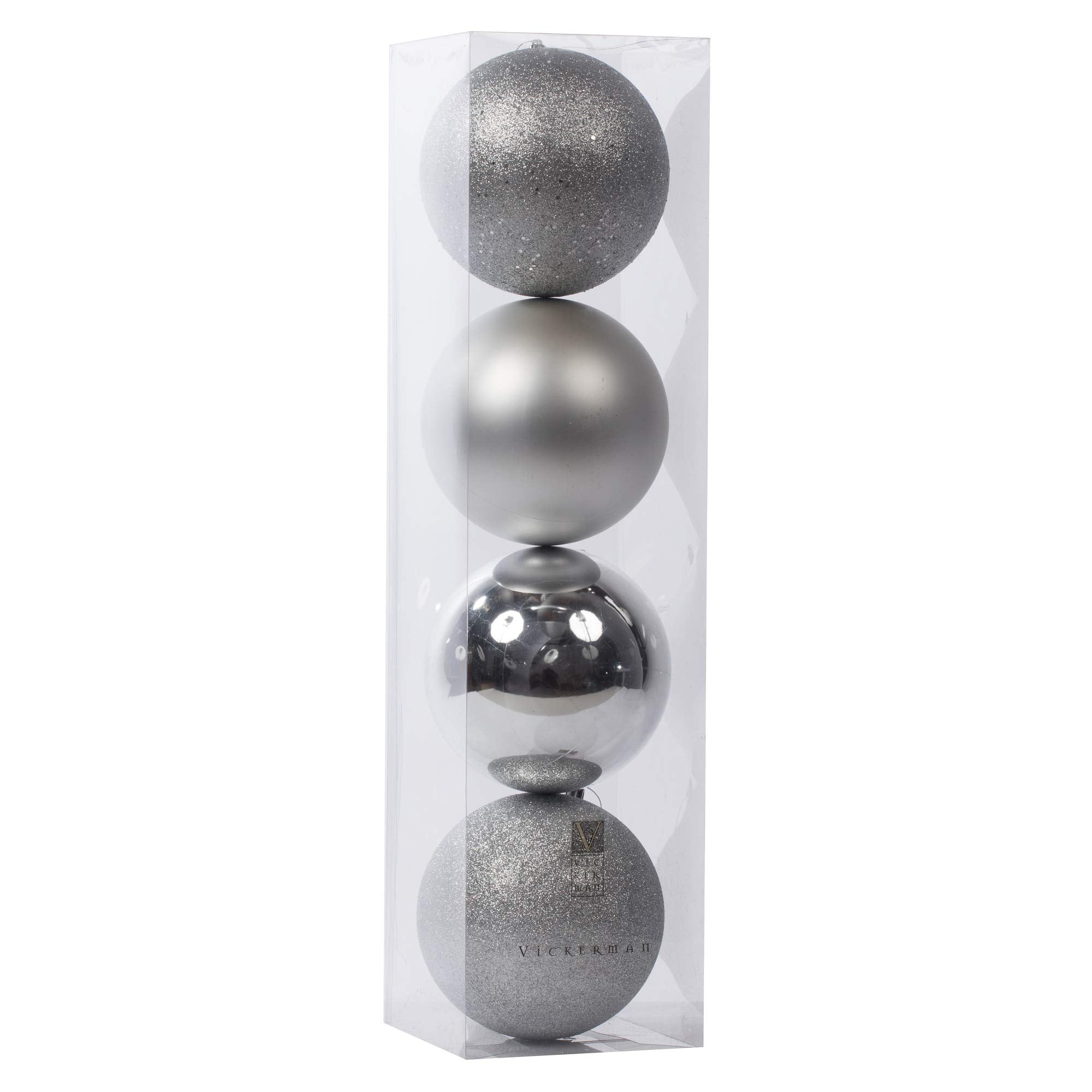 Vickerman 6 Silver 4-Finish Shatterproof Ball Ornament Set of 4 Ornaments - Featuring Matte, Sequin, Shiny and Glitter Finishes