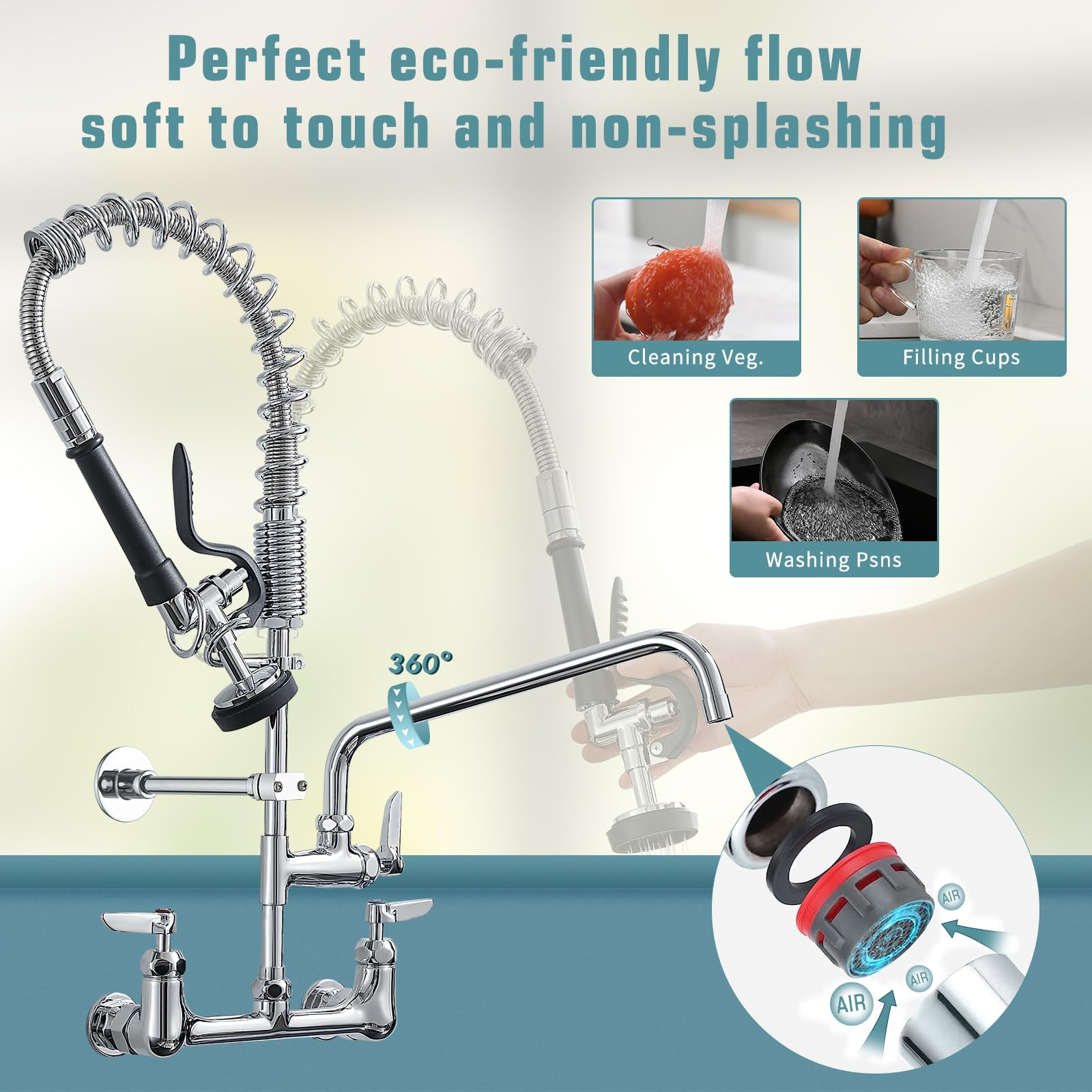 Fapully Commercial Kitchen Faucet,Wall Mount Kitchen Sink Faucet With Pre-Rinse Pull Down Sprayer,25 Height 8'' Center 3 Compart