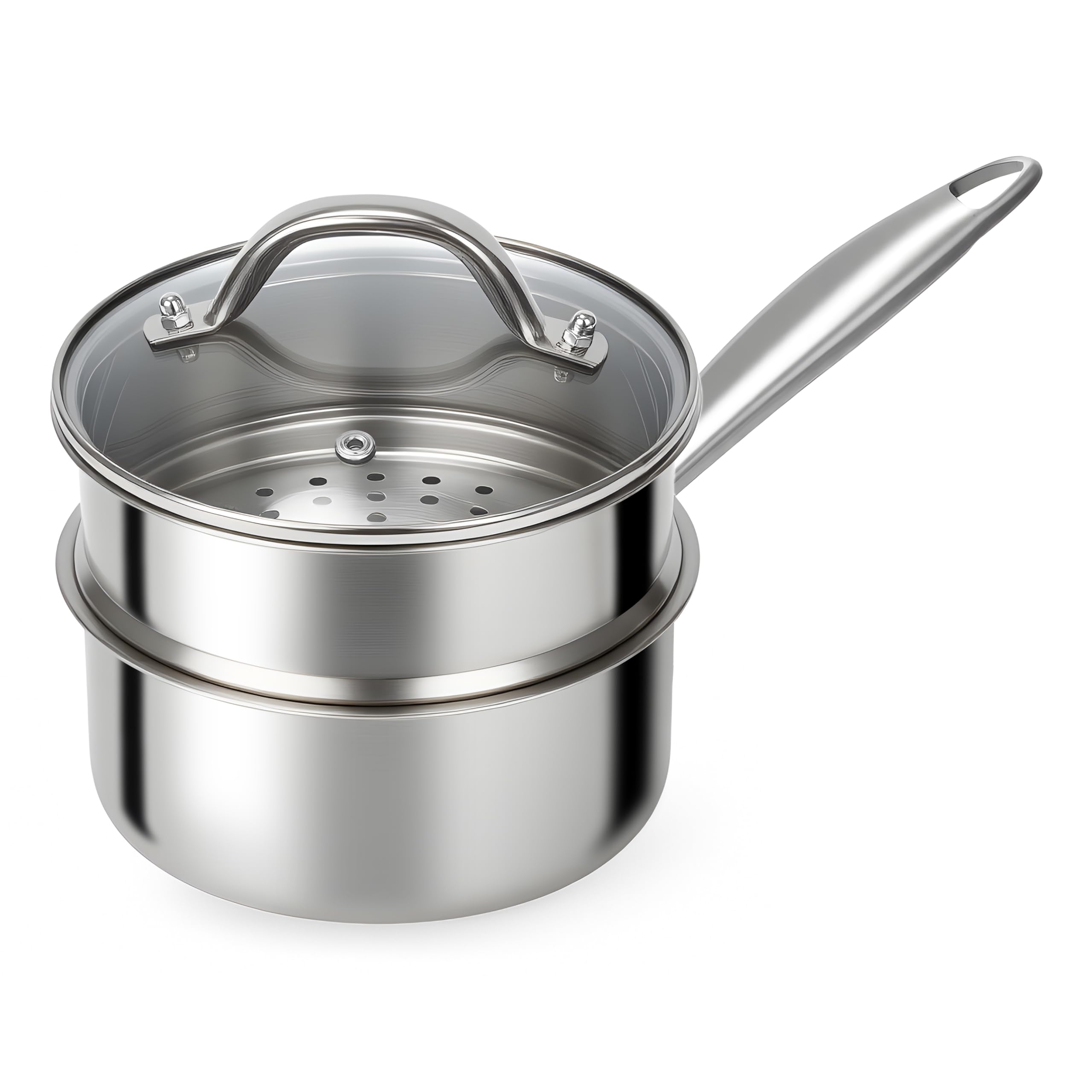 Ohtomber Stainless Steel Sauce Pan - Tri-Ply 1.5 Quarts Pot With Steamer Basket Long Handle & Lid, Nonstick Sacusepan Cookware S