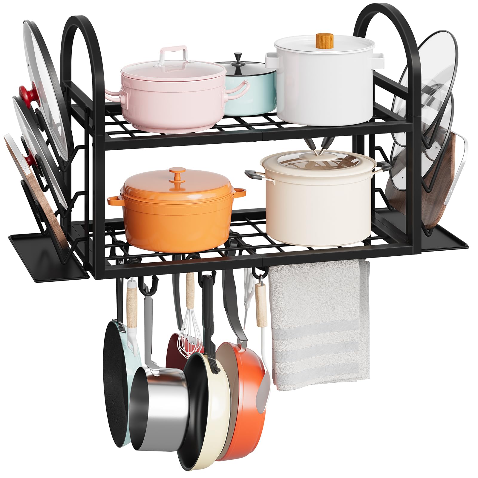 HOOBRO 30 Inch Pot Rack Wall Mounted, 2 Tier Pots and Pans Organizer with 6 Lid Holders and 10 Hooks, WallMounted Pan Hanger wi