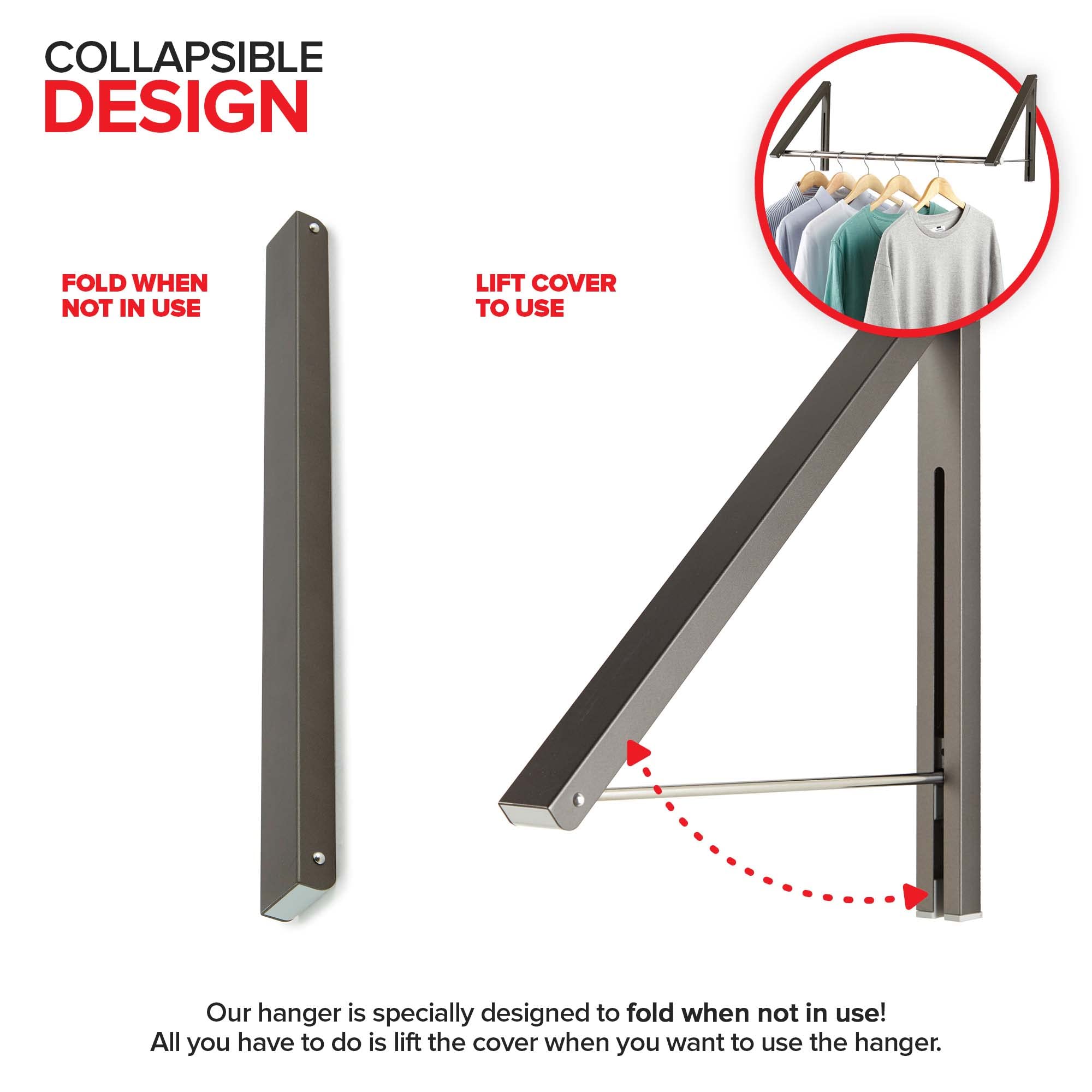 Double Foldable Clothing Rack w/Extension Rod  Wall-Mounted Retractable Clothes Hanger for Laundry Dryer Room  Hanging Drying Rod  Small Collapsible Folding Garment Racks  Dorm Accessories (Gray)