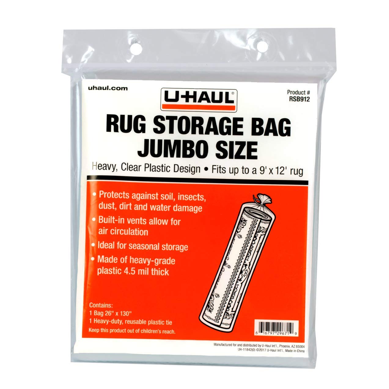U-Haul Jumbo Rug Storage Bag (Fits Rugs Up To 9' X 12') - Protection For Jumbo Rolled Rug - 26'' X 130''