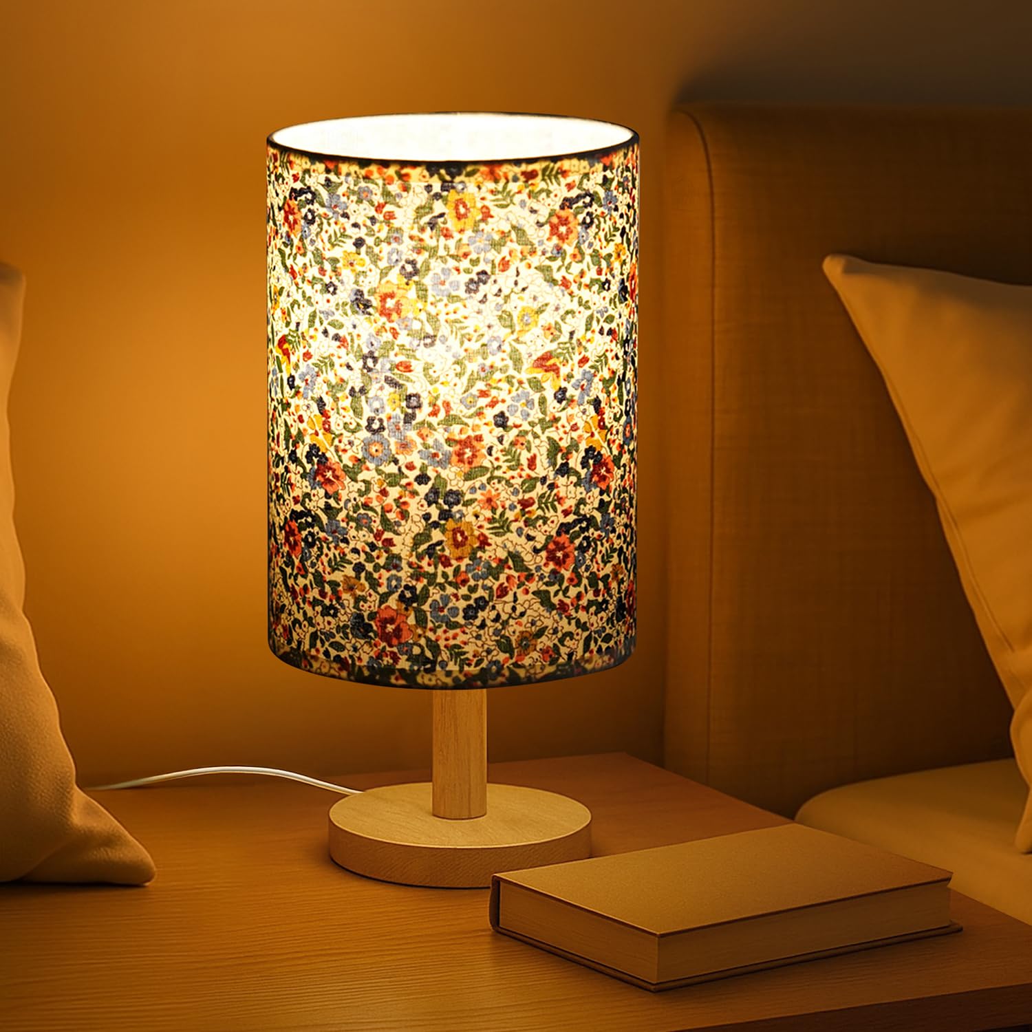 About Space Night LampFloral Themed Bedside Reading Lamp With Wooden Base For Night,Bed Room,Living Room,Home & DecorCylindric